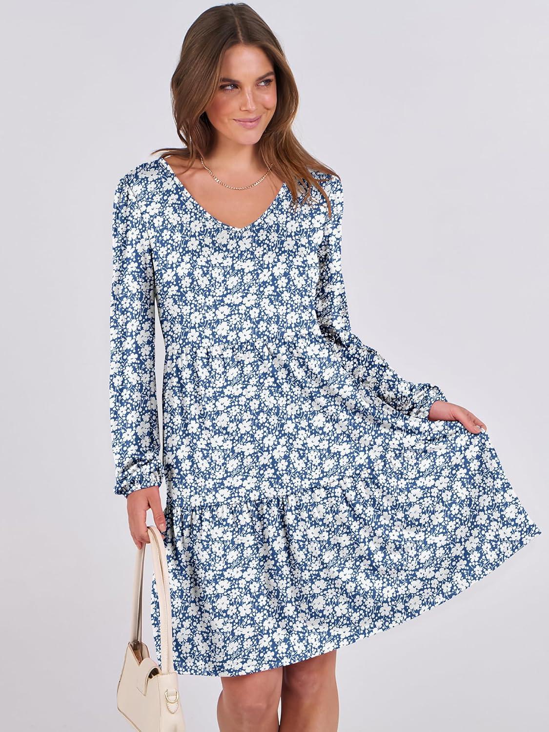 imageANRABESS Womens Long Sleeve Dress 2025 Fall Casual V Neck Tiered Flowy Short Dresses Beach Travel Vacation OutfitsFloral Blue