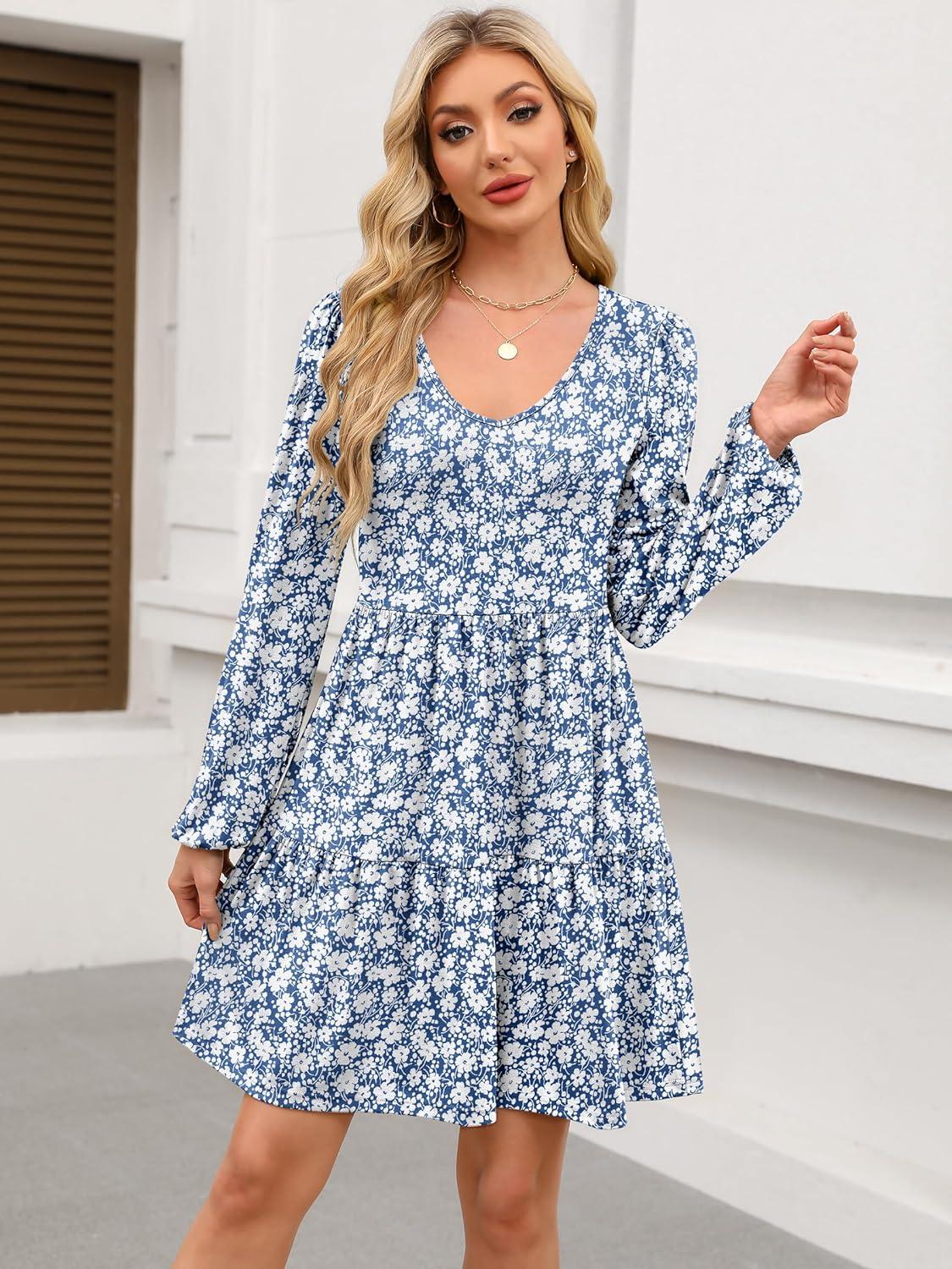 imageANRABESS Womens Long Sleeve Dress 2025 Fall Casual V Neck Tiered Flowy Short Dresses Beach Travel Vacation OutfitsFloral Blue