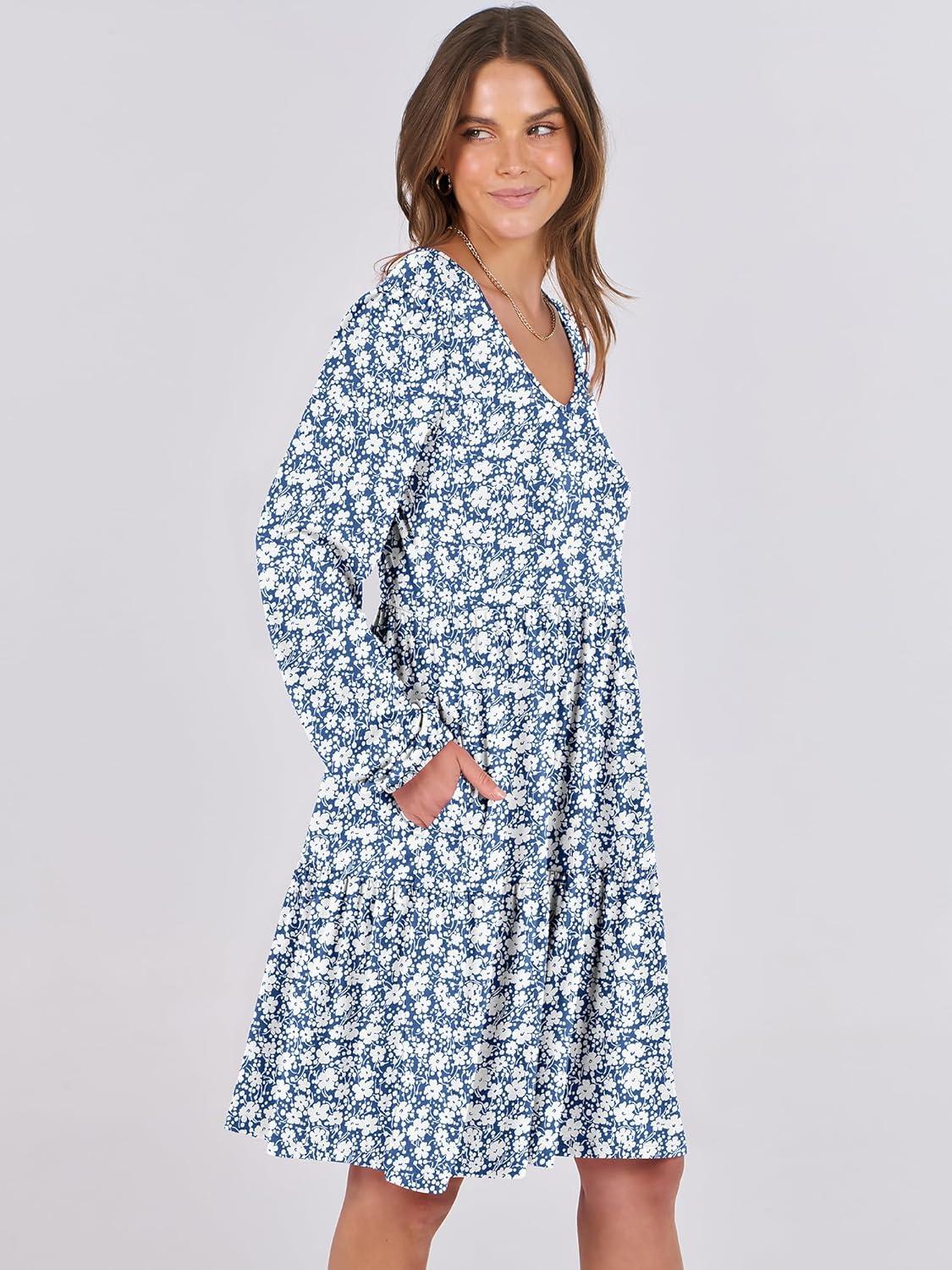 imageANRABESS Womens Long Sleeve Dress 2025 Fall Casual V Neck Tiered Flowy Short Dresses Beach Travel Vacation OutfitsFloral Blue