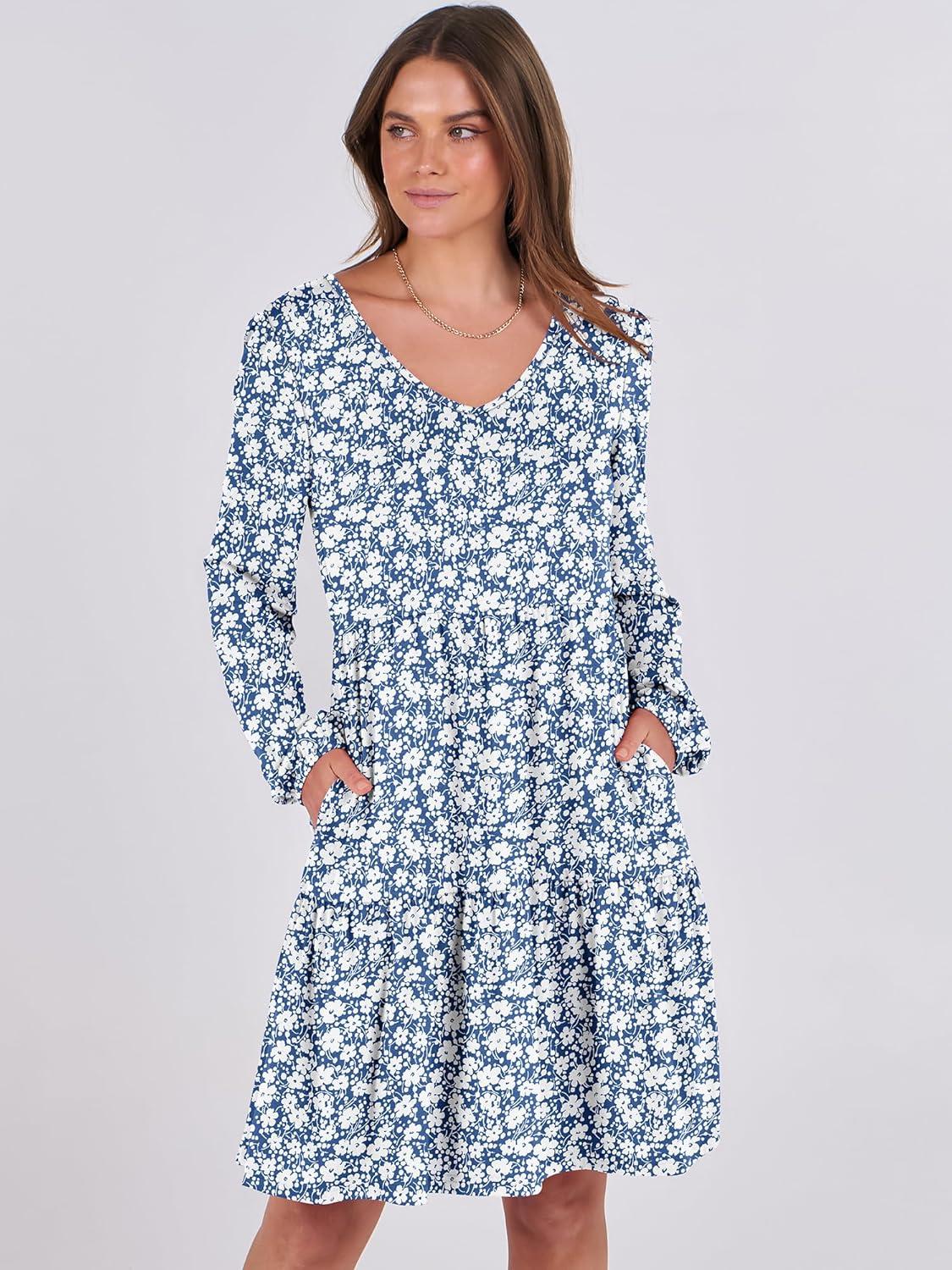 imageANRABESS Womens Long Sleeve Dress 2025 Fall Casual V Neck Tiered Flowy Short Dresses Beach Travel Vacation OutfitsFloral Blue
