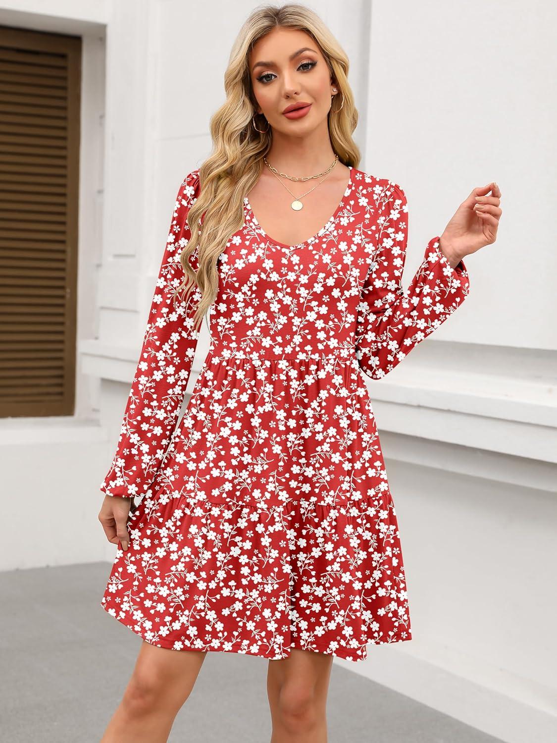 imageANRABESS Womens Long Sleeve Dress 2025 Fall Casual V Neck Tiered Flowy Short Dresses Beach Travel Vacation OutfitsFloral Red