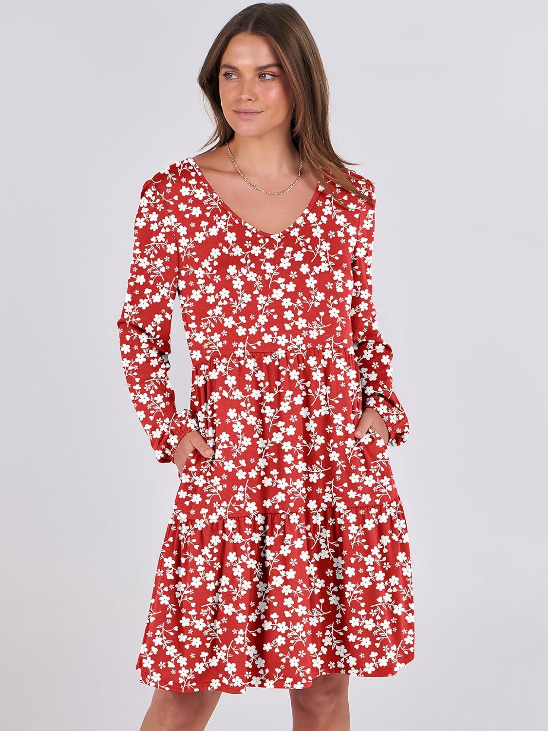 imageANRABESS Womens Long Sleeve Dress 2025 Fall Casual V Neck Tiered Flowy Short Dresses Beach Travel Vacation OutfitsFloral Red