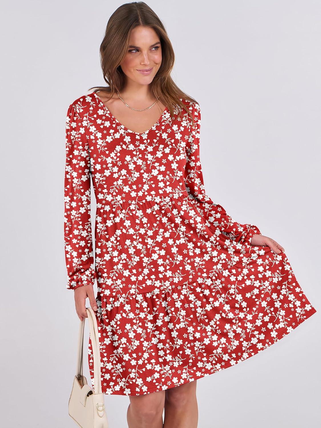 imageANRABESS Womens Long Sleeve Dress 2025 Fall Casual V Neck Tiered Flowy Short Dresses Beach Travel Vacation OutfitsFloral Red