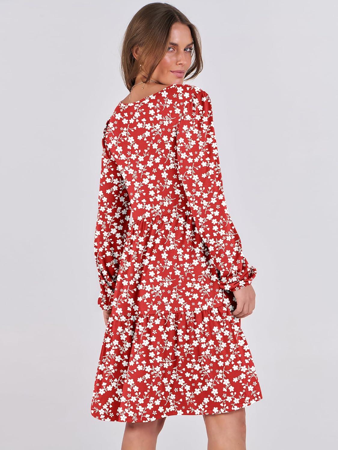 imageANRABESS Womens Long Sleeve Dress 2025 Fall Casual V Neck Tiered Flowy Short Dresses Beach Travel Vacation OutfitsFloral Red