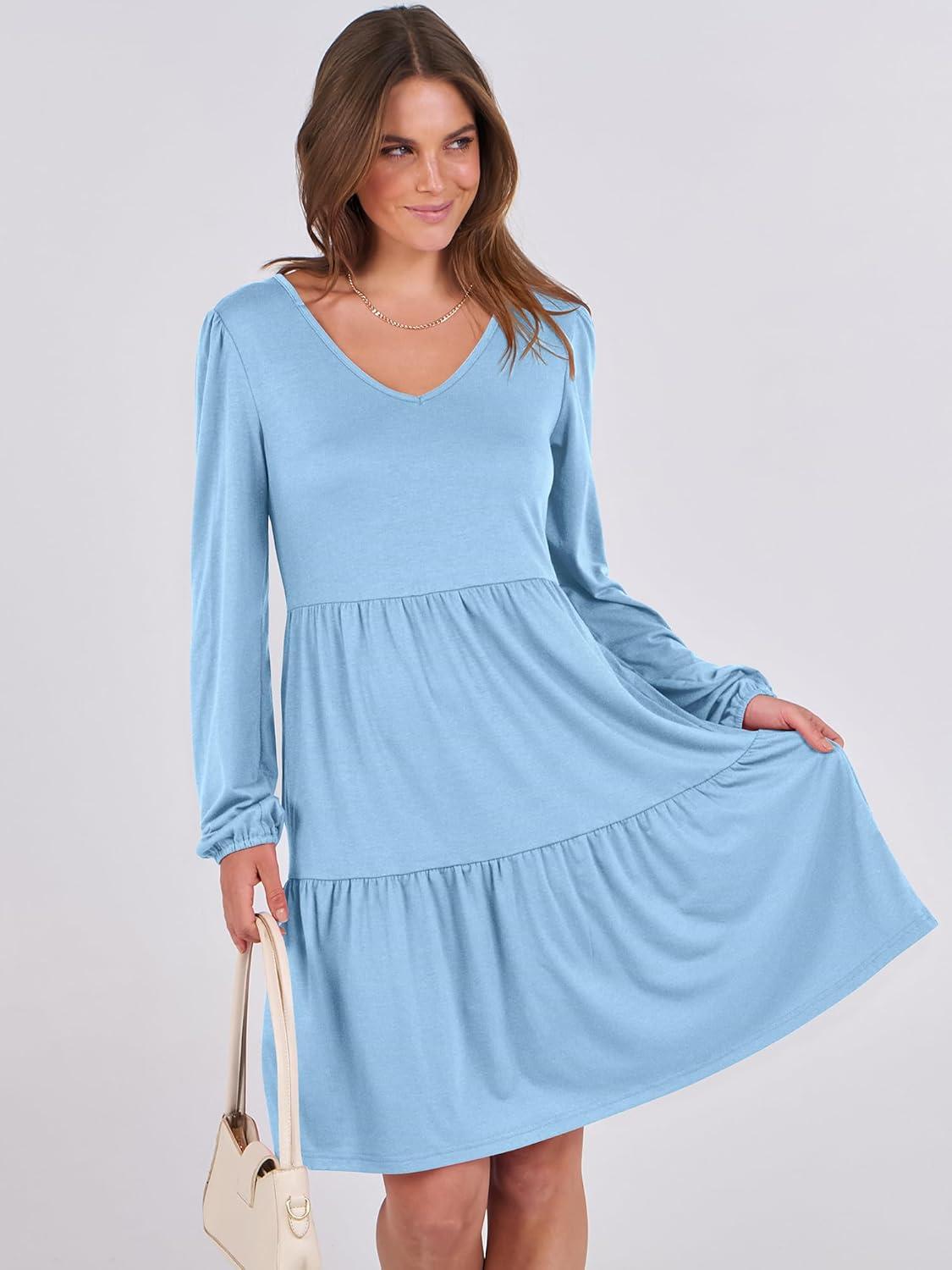 imageANRABESS Womens Long Sleeve Dress 2025 Fall Casual V Neck Tiered Flowy Short Dresses Beach Travel Vacation OutfitsLight Blue