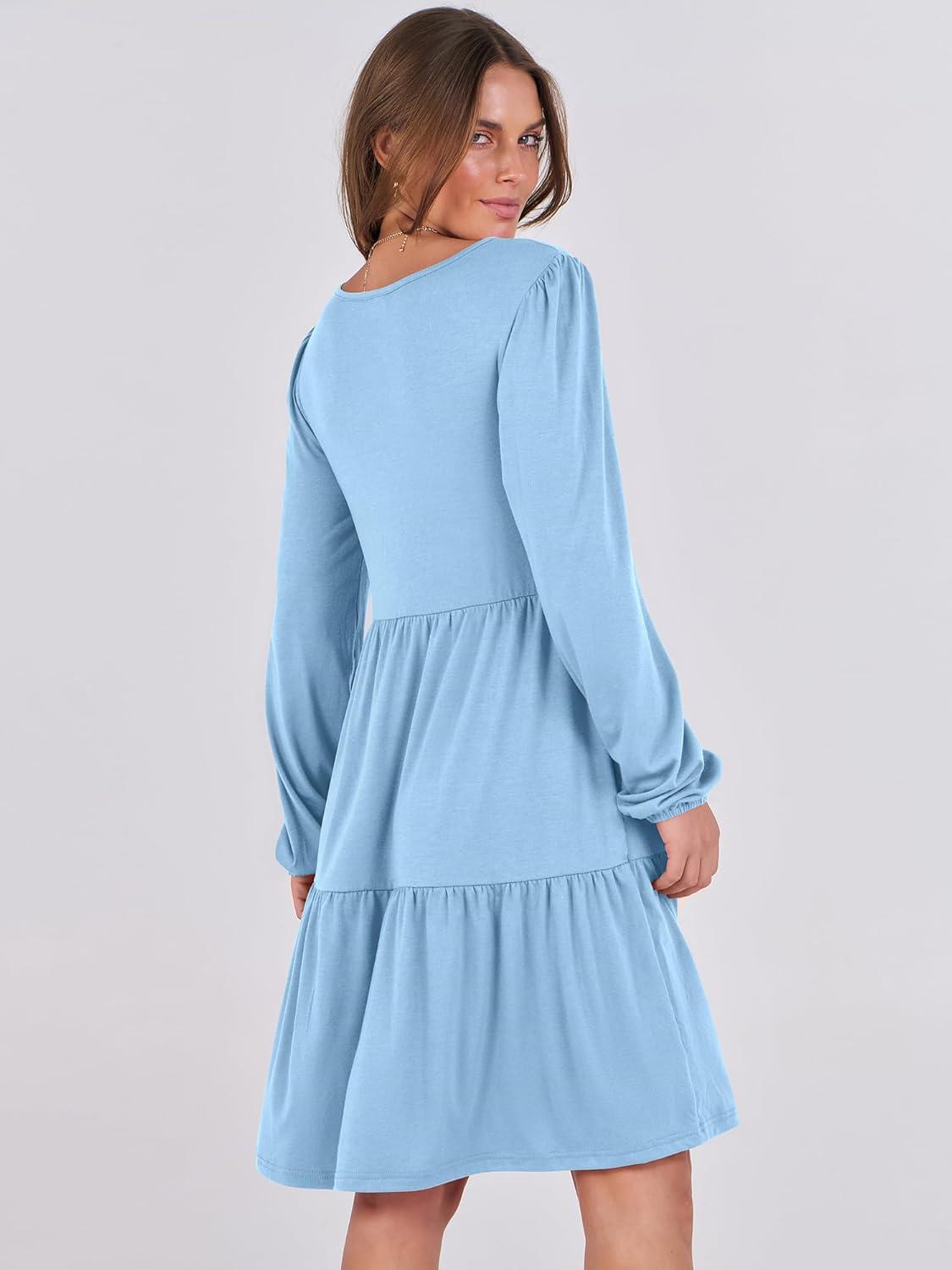 imageANRABESS Womens Long Sleeve Dress 2025 Fall Casual V Neck Tiered Flowy Short Dresses Beach Travel Vacation OutfitsLight Blue