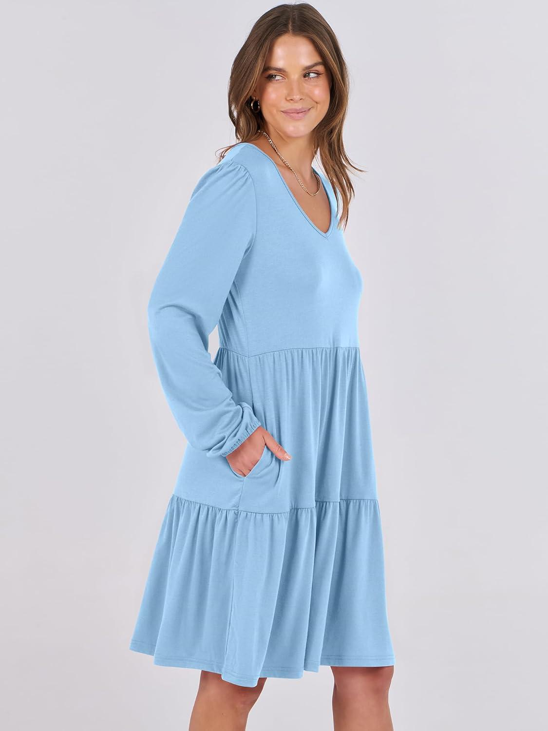 imageANRABESS Womens Long Sleeve Dress 2025 Fall Casual V Neck Tiered Flowy Short Dresses Beach Travel Vacation OutfitsLight Blue