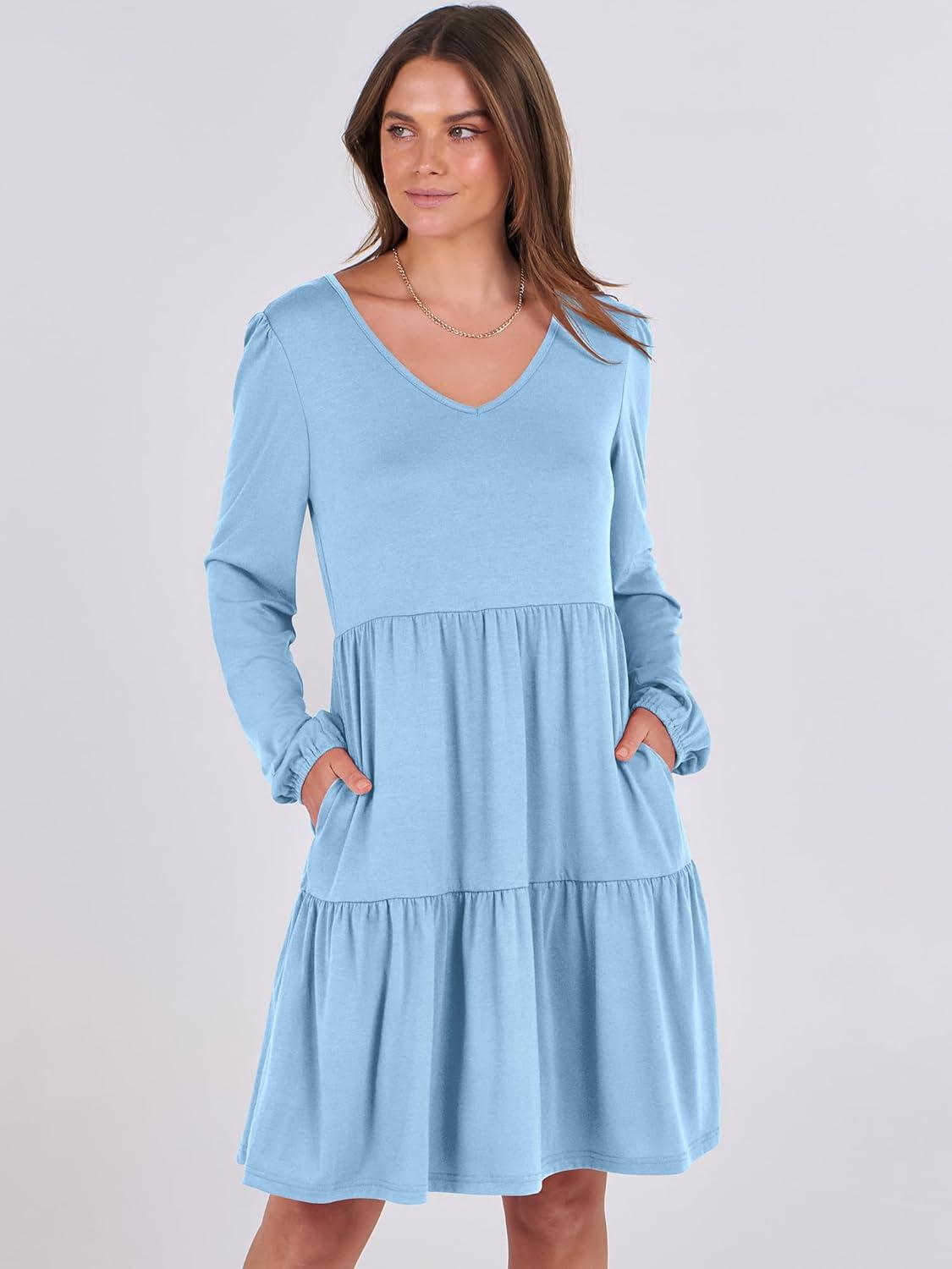 imageANRABESS Womens Long Sleeve Dress 2025 Fall Casual V Neck Tiered Flowy Short Dresses Beach Travel Vacation OutfitsLight Blue