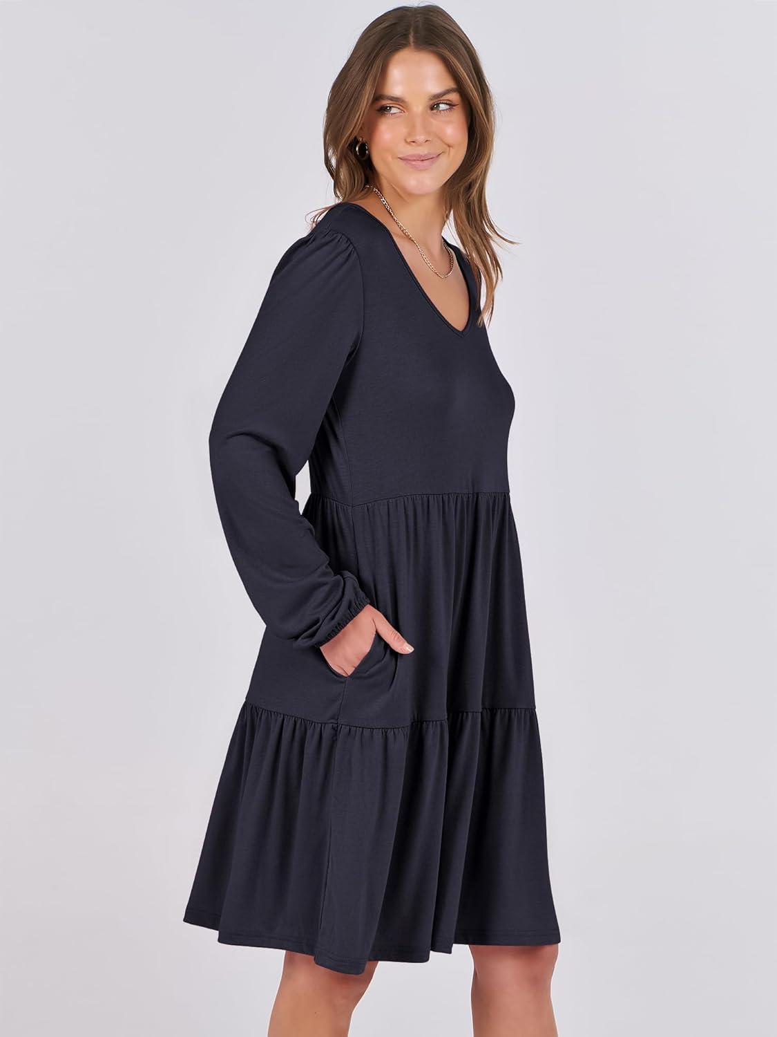 imageANRABESS Womens Long Sleeve Dress 2025 Fall Casual V Neck Tiered Flowy Short Dresses Beach Travel Vacation OutfitsNavy Blue