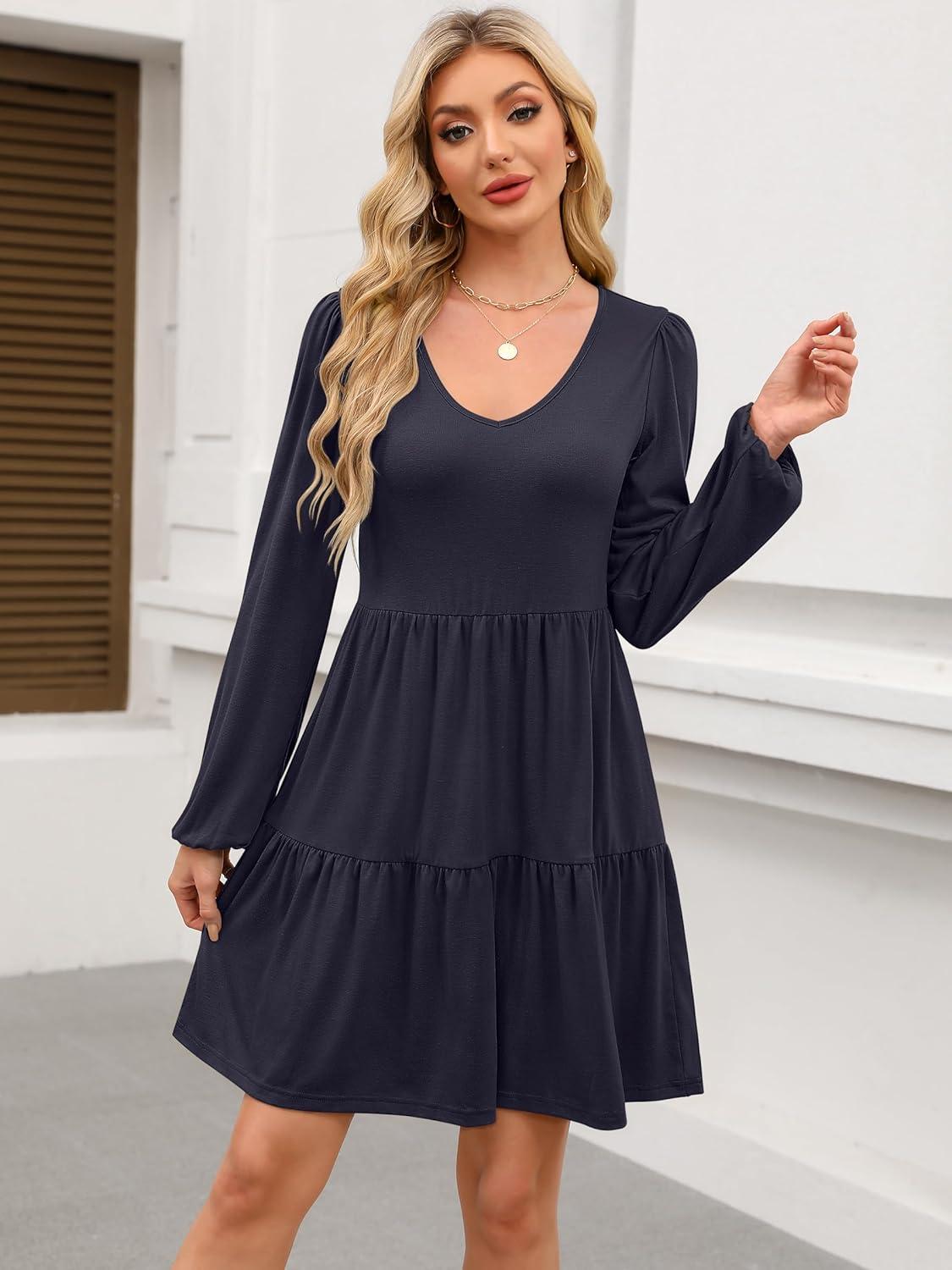 imageANRABESS Womens Long Sleeve Dress 2025 Fall Casual V Neck Tiered Flowy Short Dresses Beach Travel Vacation OutfitsNavy Blue