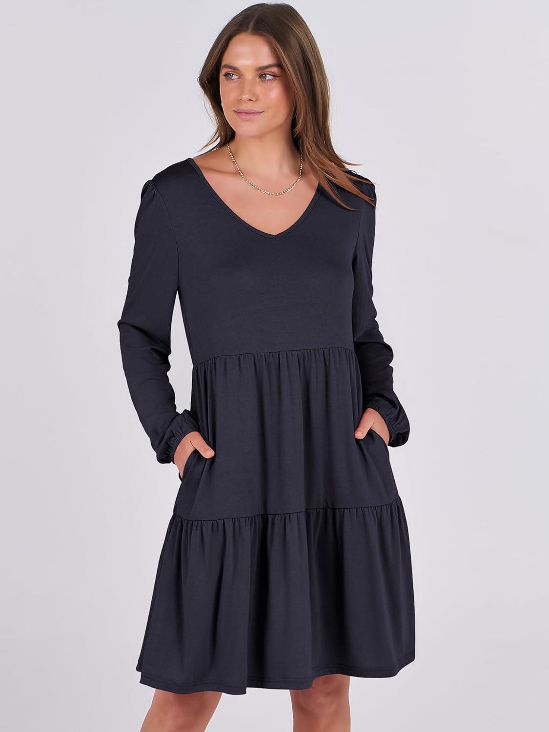 imageANRABESS Womens Long Sleeve Dress 2025 Fall Casual V Neck Tiered Flowy Short Dresses Beach Travel Vacation OutfitsNavy Blue