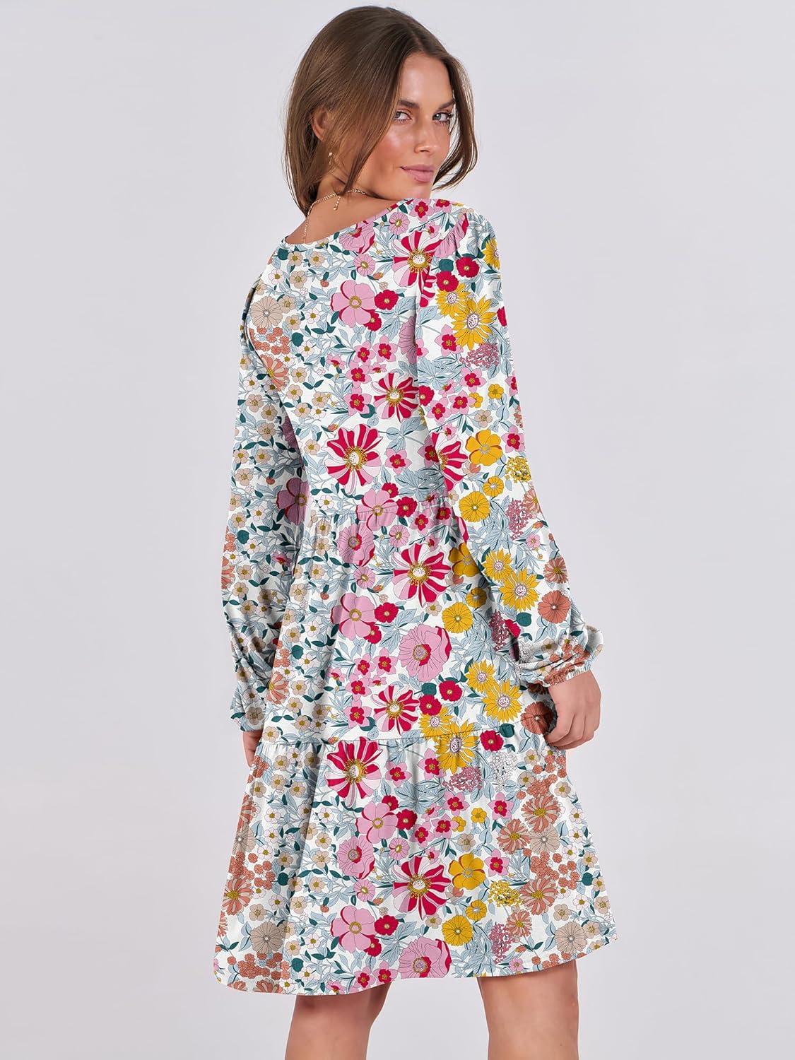 imageANRABESS Womens Long Sleeve Dress 2025 Fall Casual V Neck Tiered Flowy Short Dresses Beach Travel Vacation OutfitsPrint Floral
