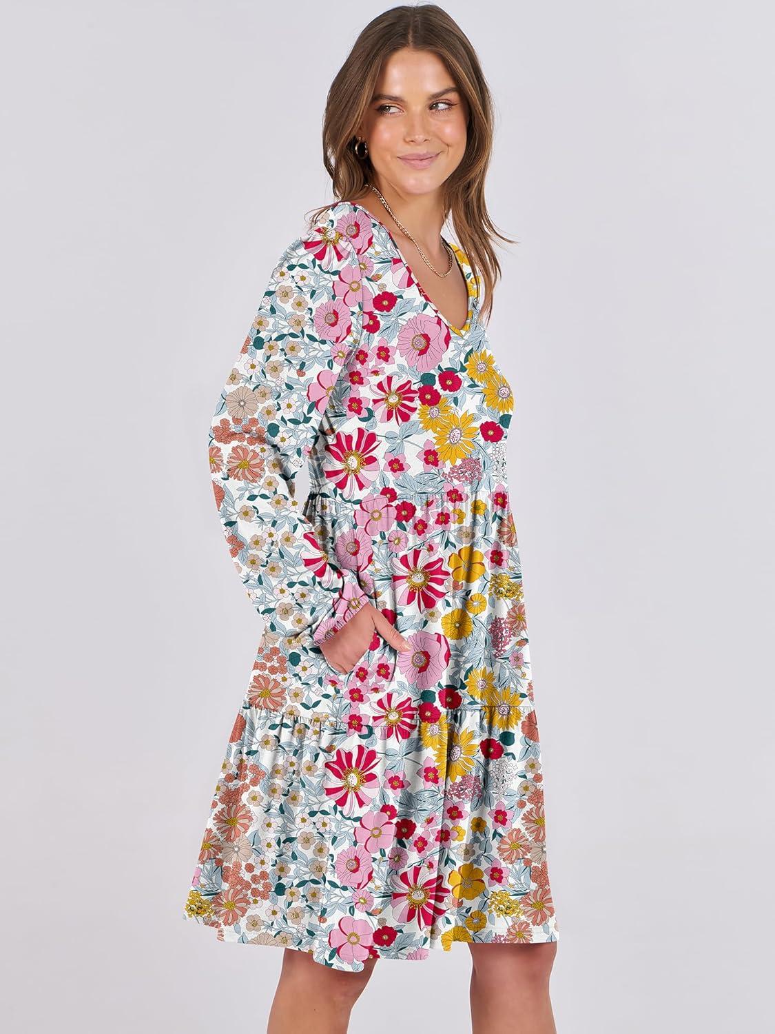 imageANRABESS Womens Long Sleeve Dress 2025 Fall Casual V Neck Tiered Flowy Short Dresses Beach Travel Vacation OutfitsPrint Floral
