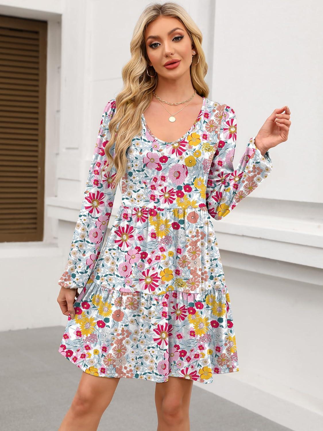 imageANRABESS Womens Long Sleeve Dress 2025 Fall Casual V Neck Tiered Flowy Short Dresses Beach Travel Vacation OutfitsPrint Floral