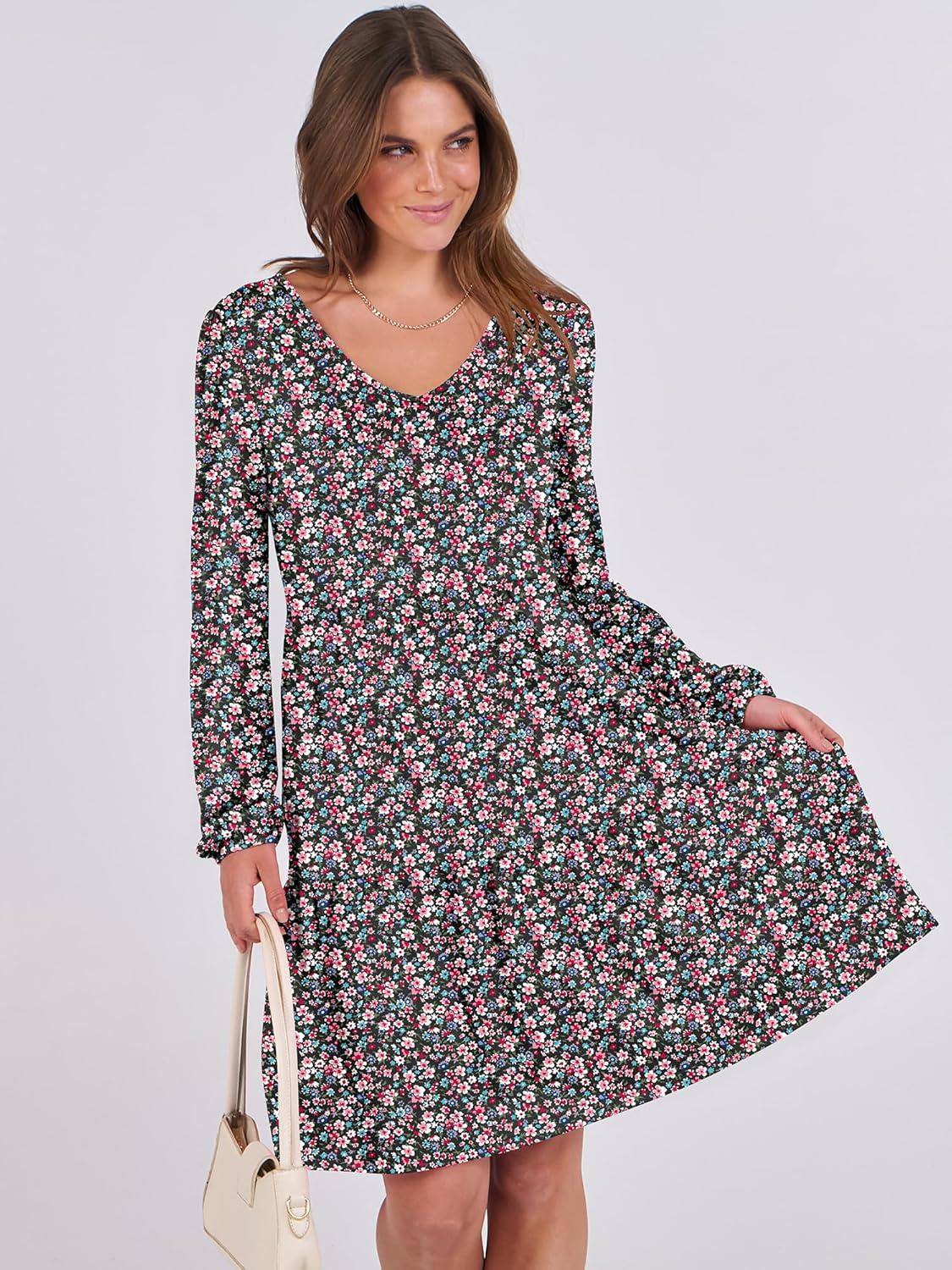 imageANRABESS Womens Long Sleeve Dress 2025 Fall Casual V Neck Tiered Flowy Short Dresses Beach Travel Vacation OutfitsPrint Floral Black