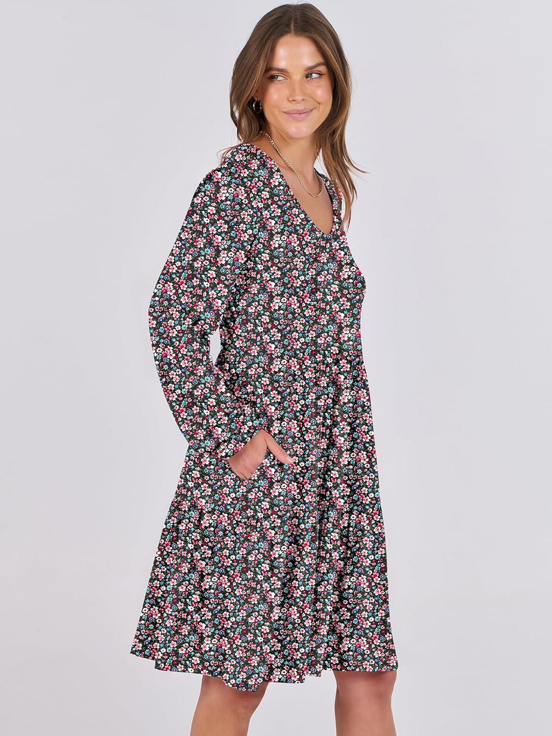 imageANRABESS Womens Long Sleeve Dress 2025 Fall Casual V Neck Tiered Flowy Short Dresses Beach Travel Vacation OutfitsPrint Floral Black