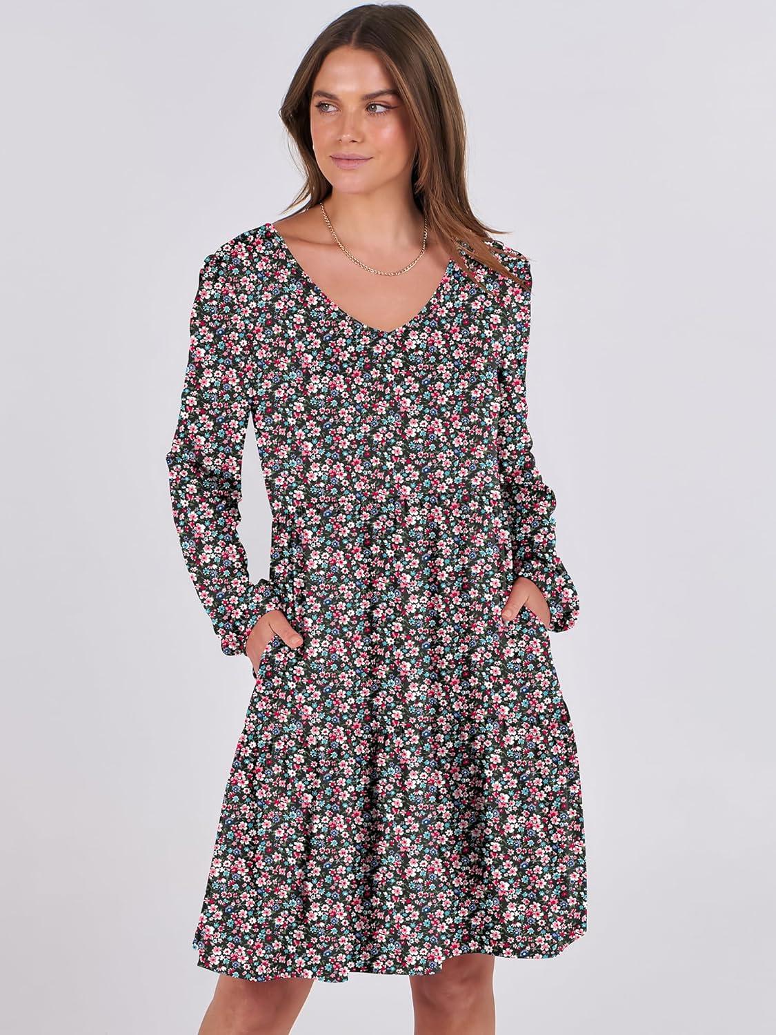 imageANRABESS Womens Long Sleeve Dress 2025 Fall Casual V Neck Tiered Flowy Short Dresses Beach Travel Vacation OutfitsPrint Floral Black