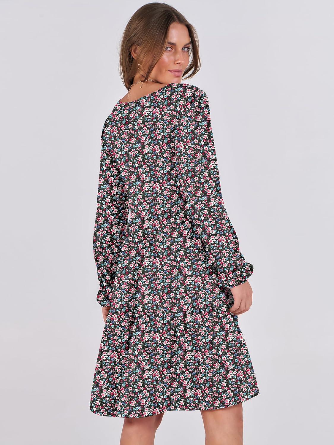 imageANRABESS Womens Long Sleeve Dress 2025 Fall Casual V Neck Tiered Flowy Short Dresses Beach Travel Vacation OutfitsPrint Floral Black