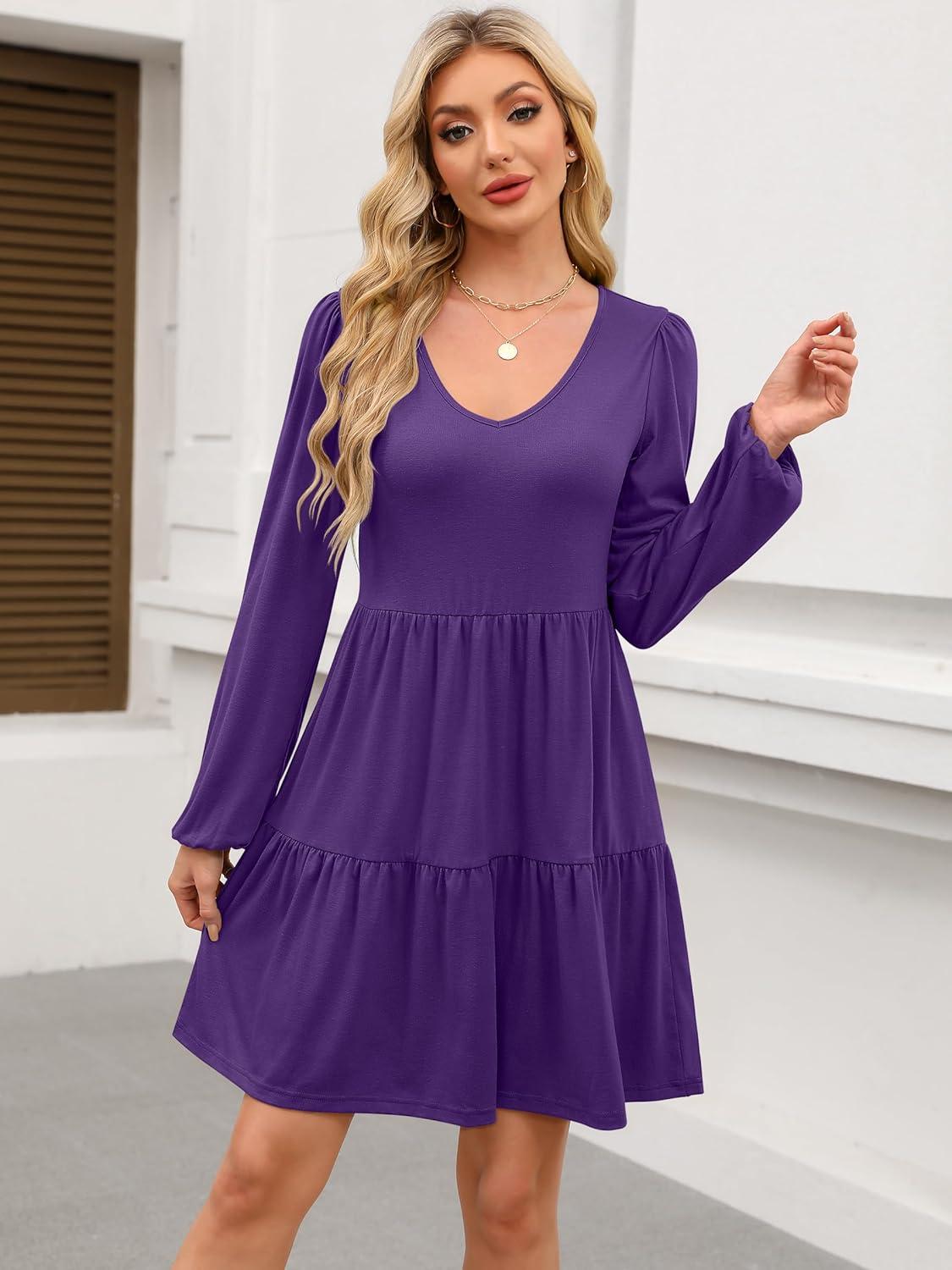 imageANRABESS Womens Long Sleeve Dress 2025 Fall Casual V Neck Tiered Flowy Short Dresses Beach Travel Vacation OutfitsPurple