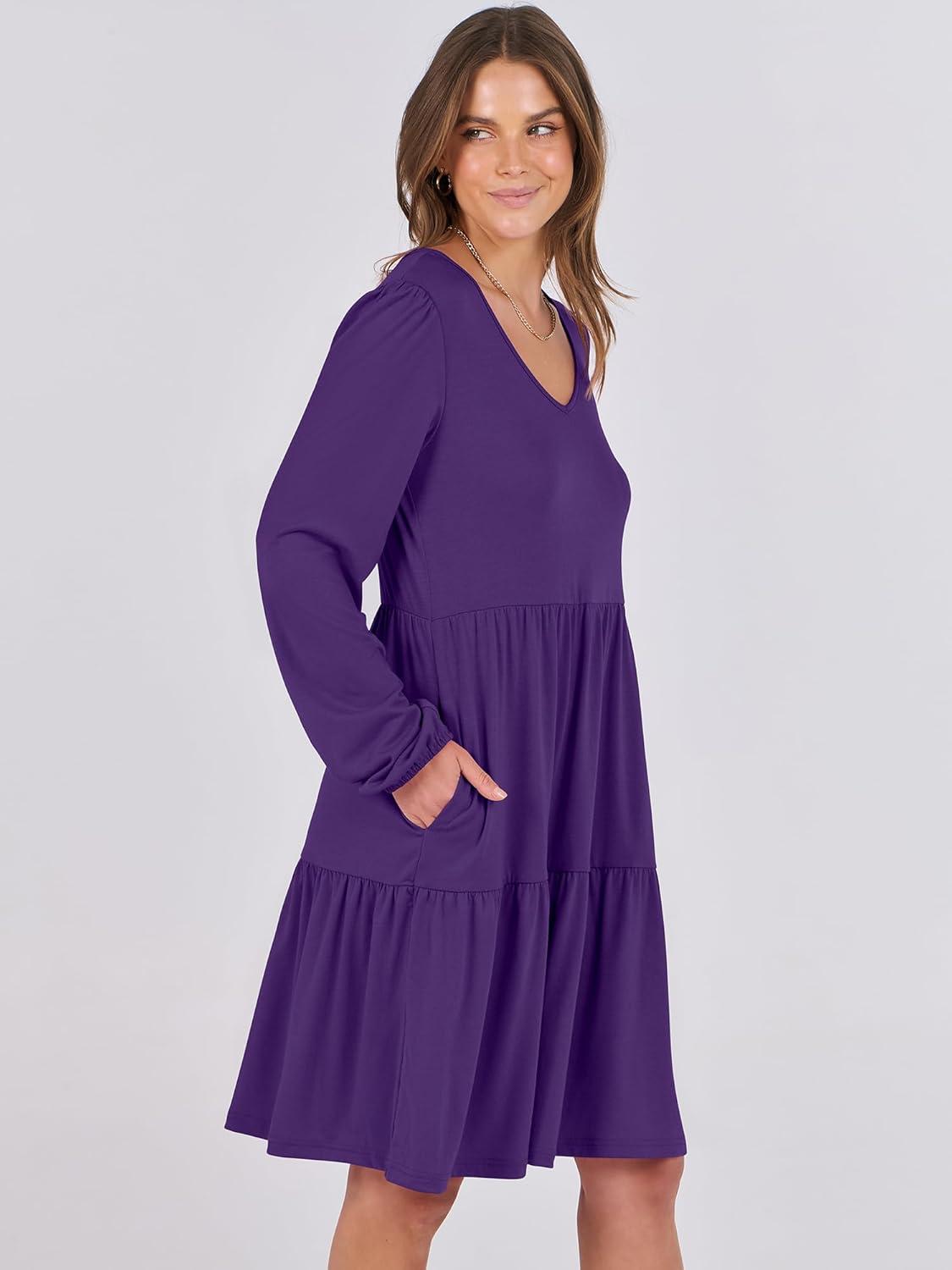 imageANRABESS Womens Long Sleeve Dress 2025 Fall Casual V Neck Tiered Flowy Short Dresses Beach Travel Vacation OutfitsPurple