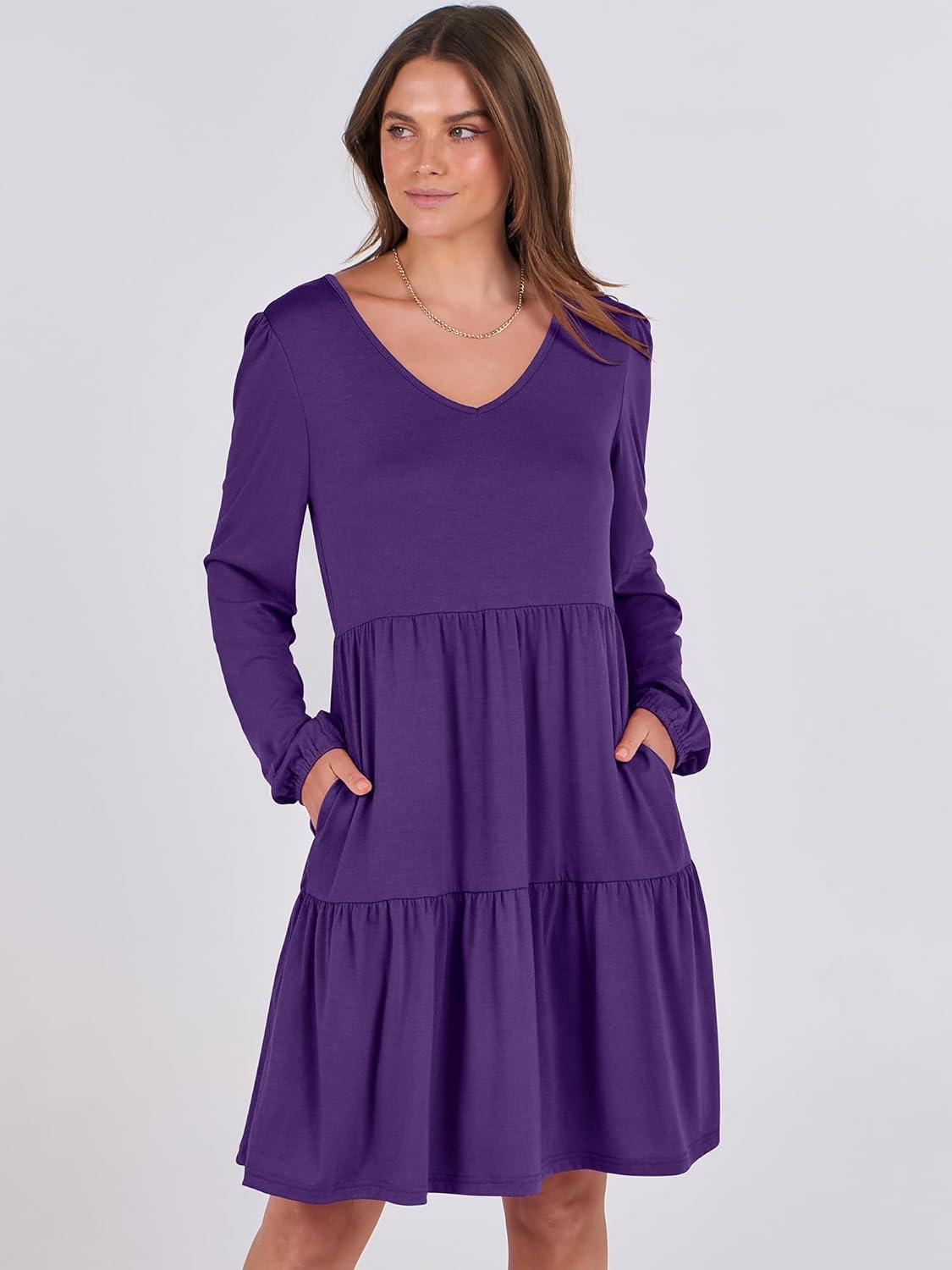 imageANRABESS Womens Long Sleeve Dress 2025 Fall Casual V Neck Tiered Flowy Short Dresses Beach Travel Vacation OutfitsPurple