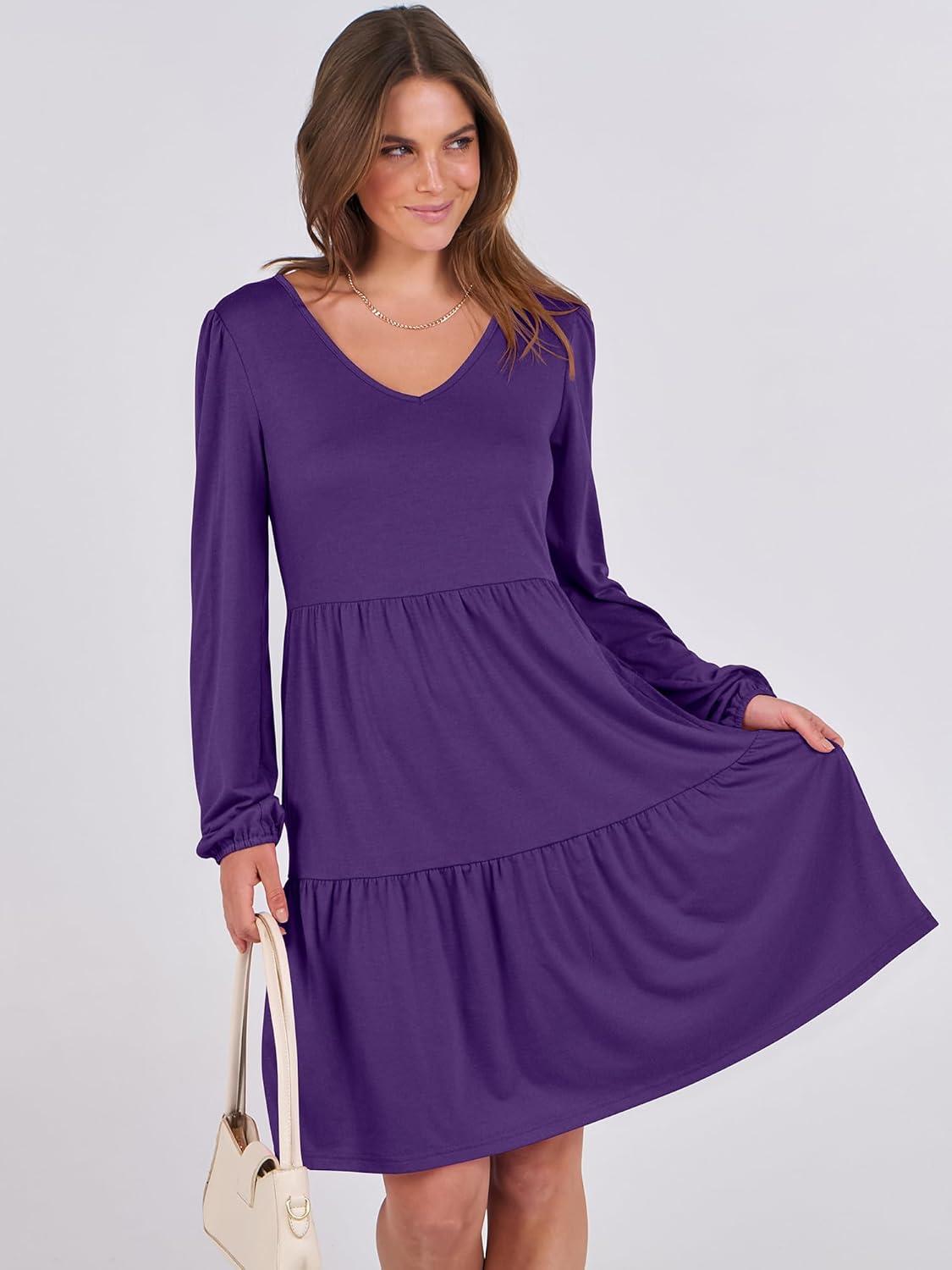 imageANRABESS Womens Long Sleeve Dress 2025 Fall Casual V Neck Tiered Flowy Short Dresses Beach Travel Vacation OutfitsPurple