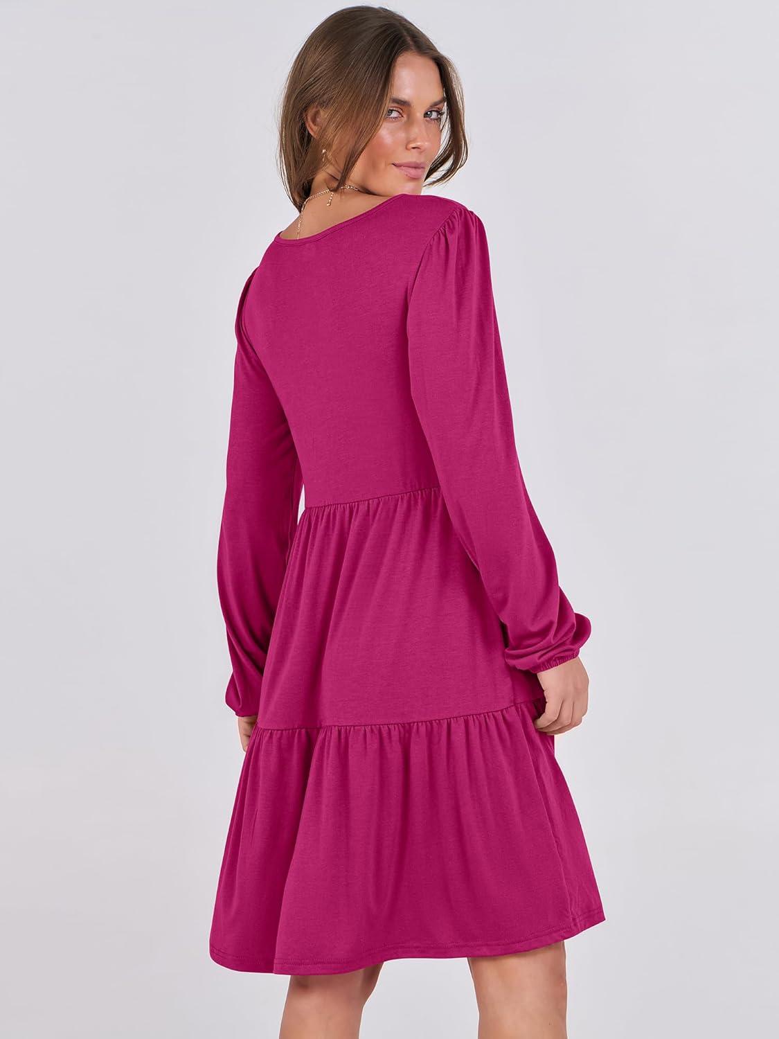 imageANRABESS Womens Long Sleeve Dress 2025 Fall Casual V Neck Tiered Flowy Short Dresses Beach Travel Vacation OutfitsRose