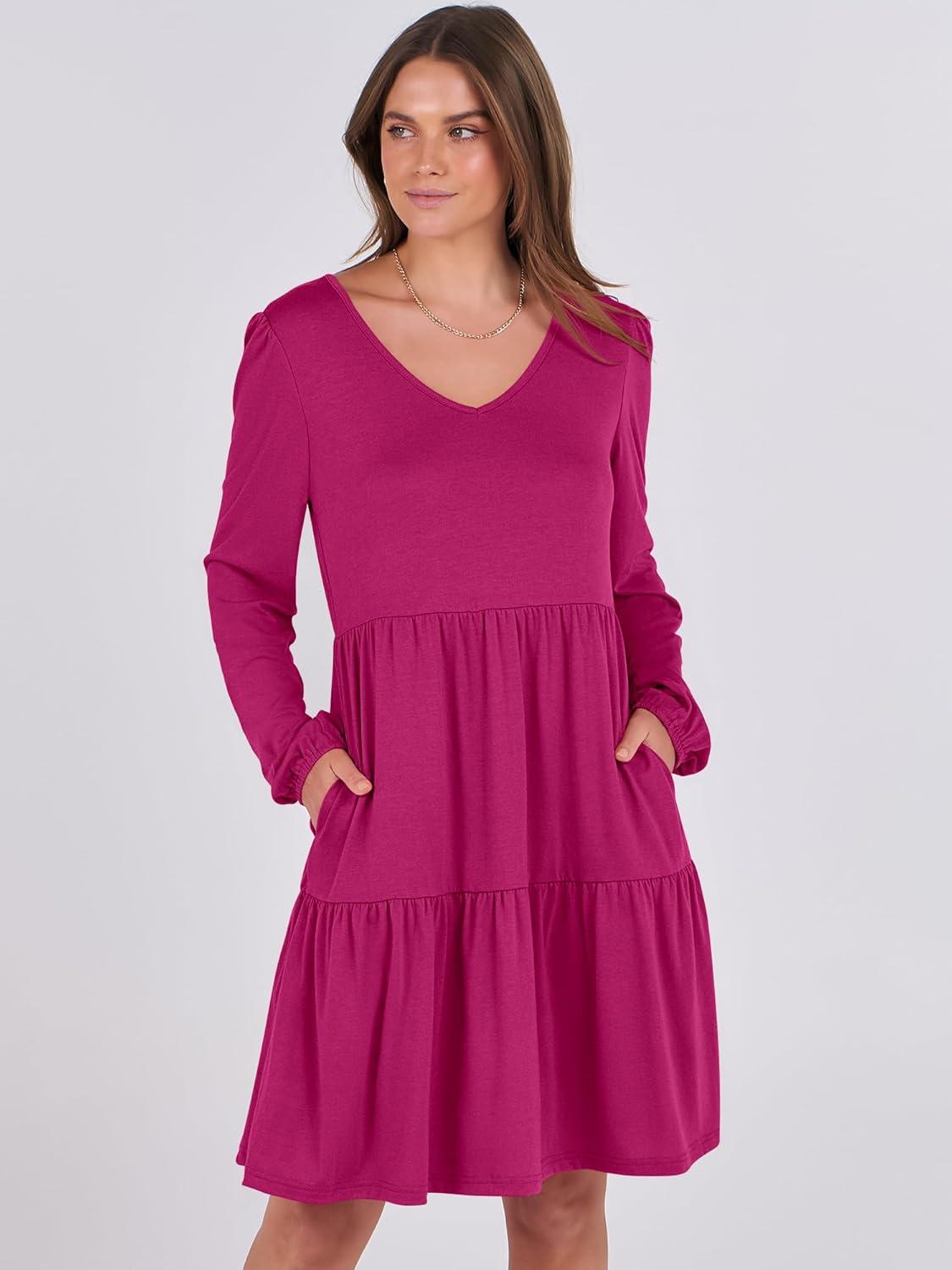 imageANRABESS Womens Long Sleeve Dress 2025 Fall Casual V Neck Tiered Flowy Short Dresses Beach Travel Vacation OutfitsRose