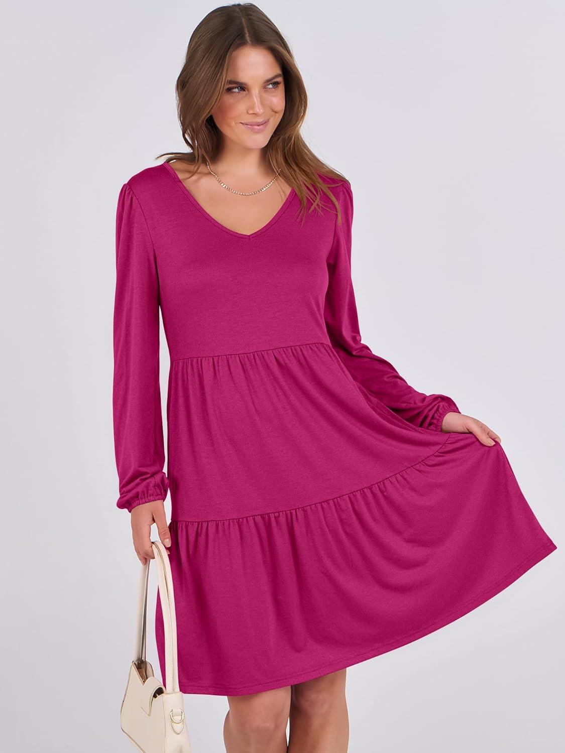 imageANRABESS Womens Long Sleeve Dress 2025 Fall Casual V Neck Tiered Flowy Short Dresses Beach Travel Vacation OutfitsRose