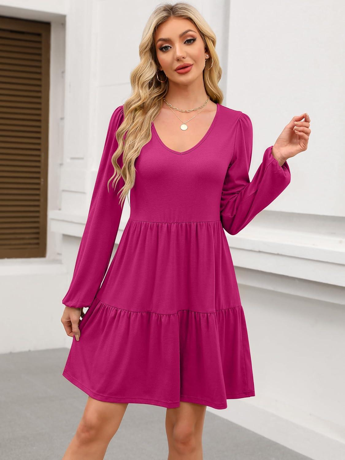 imageANRABESS Womens Long Sleeve Dress 2025 Fall Casual V Neck Tiered Flowy Short Dresses Beach Travel Vacation OutfitsRose