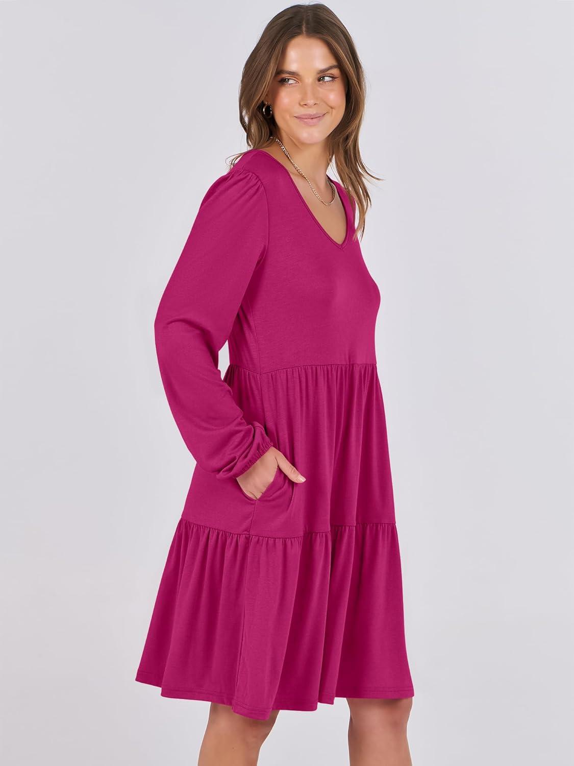 imageANRABESS Womens Long Sleeve Dress 2025 Fall Casual V Neck Tiered Flowy Short Dresses Beach Travel Vacation OutfitsRose