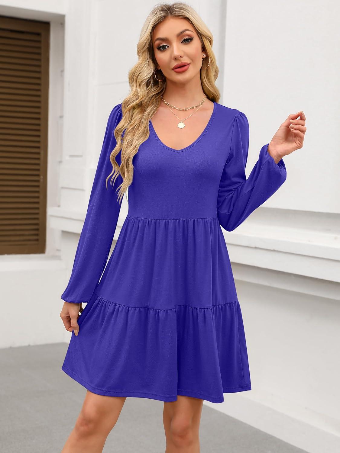 imageANRABESS Womens Long Sleeve Dress 2025 Fall Casual V Neck Tiered Flowy Short Dresses Beach Travel Vacation OutfitsRoyal Blue