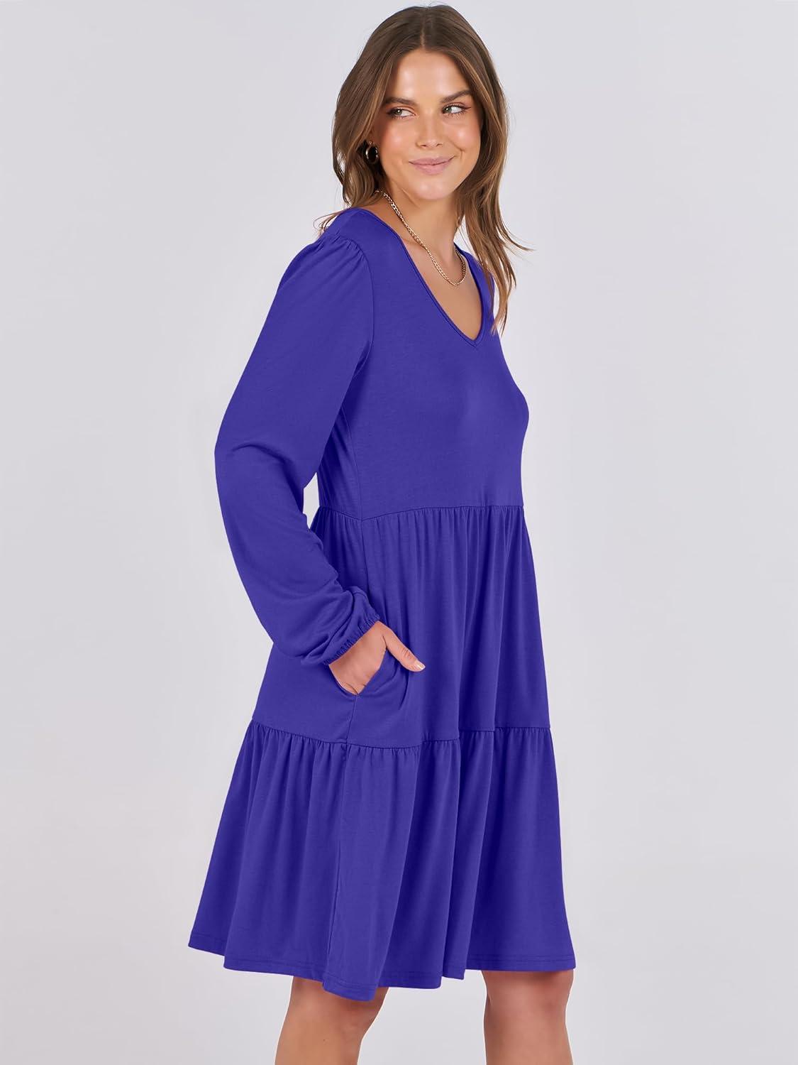 imageANRABESS Womens Long Sleeve Dress 2025 Fall Casual V Neck Tiered Flowy Short Dresses Beach Travel Vacation OutfitsRoyal Blue