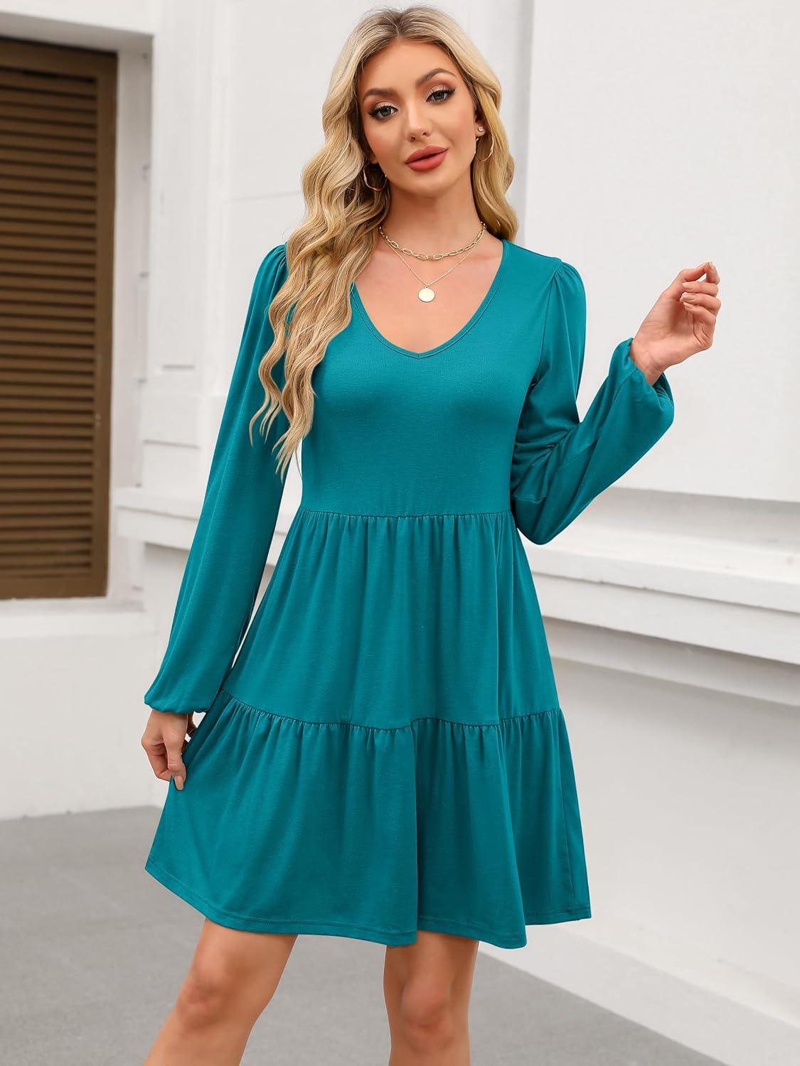 imageANRABESS Womens Long Sleeve Dress 2025 Fall Casual V Neck Tiered Flowy Short Dresses Beach Travel Vacation OutfitsTeal