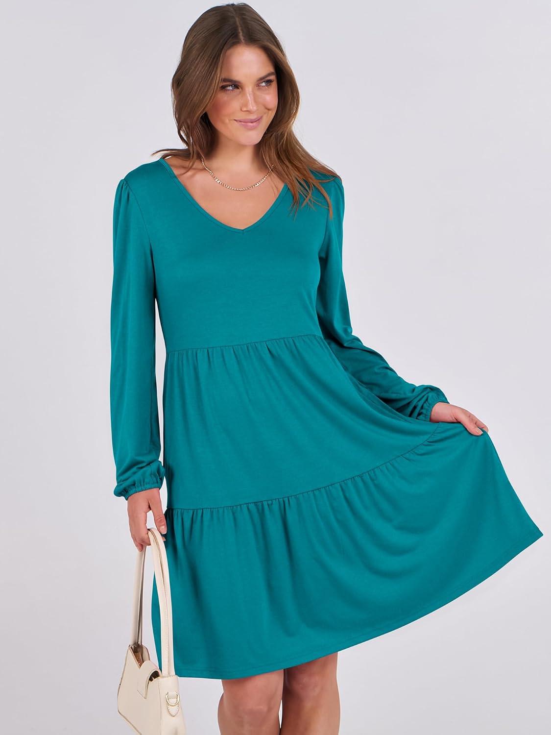 imageANRABESS Womens Long Sleeve Dress 2025 Fall Casual V Neck Tiered Flowy Short Dresses Beach Travel Vacation OutfitsTeal