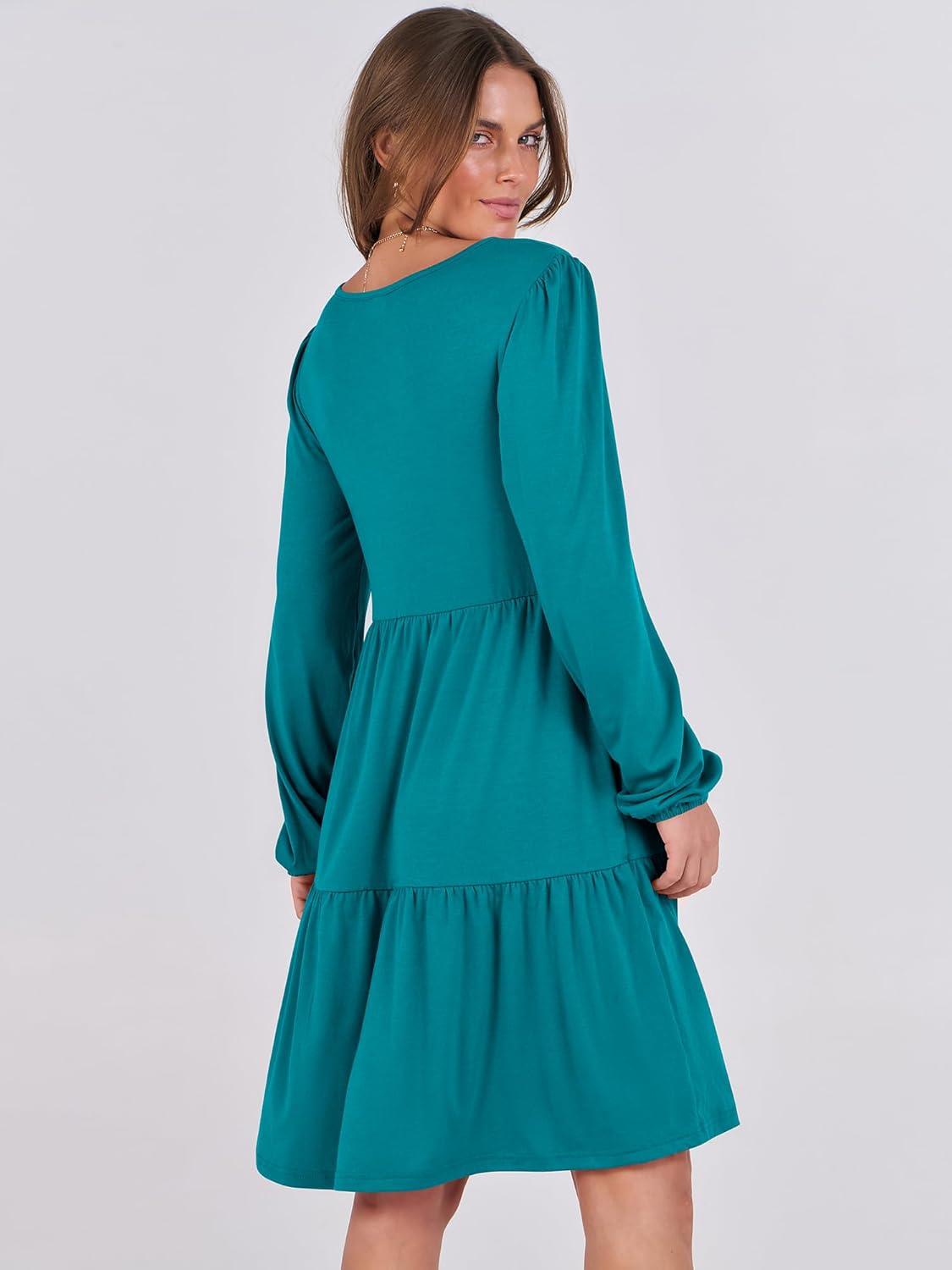 imageANRABESS Womens Long Sleeve Dress 2025 Fall Casual V Neck Tiered Flowy Short Dresses Beach Travel Vacation OutfitsTeal