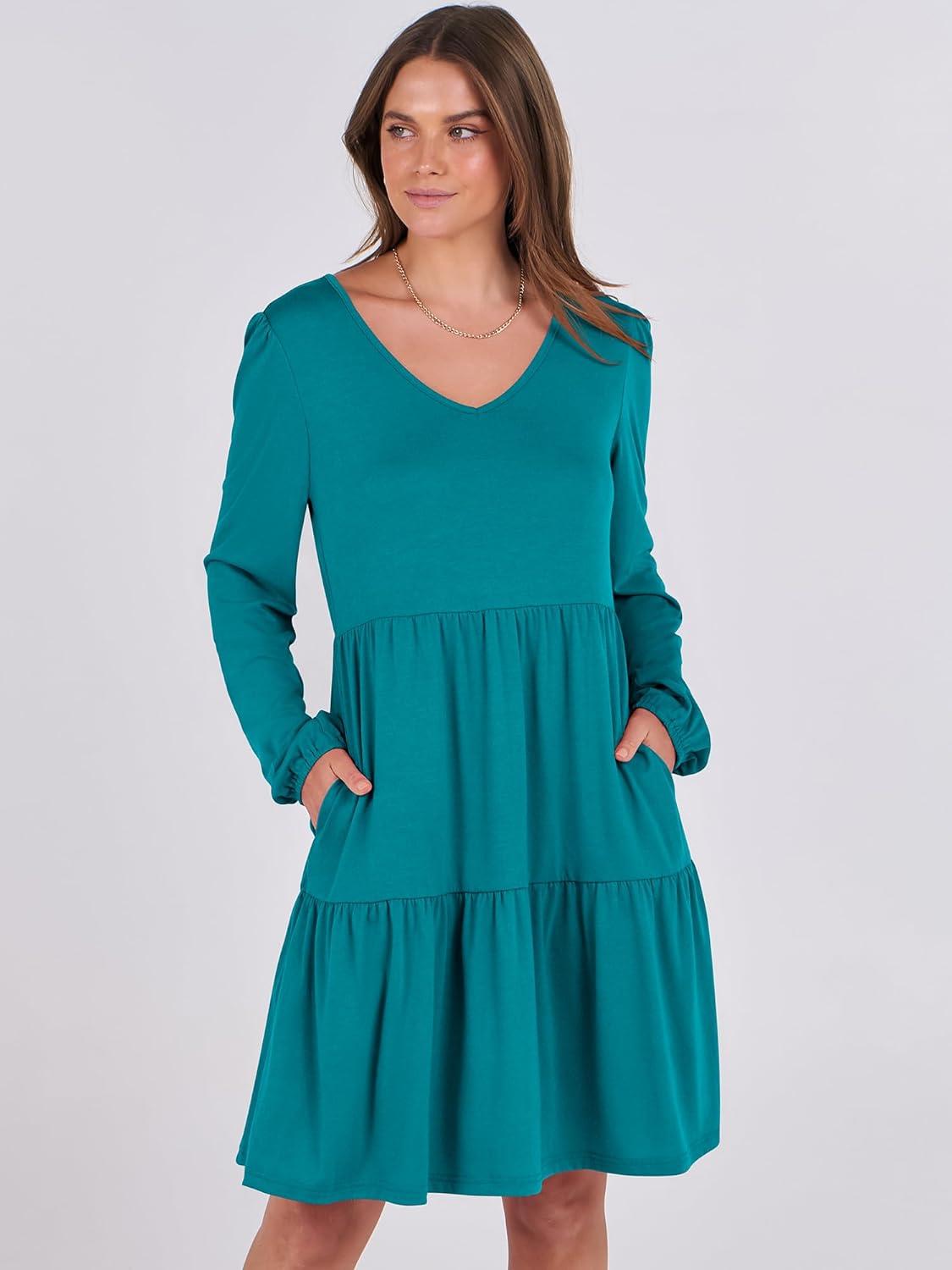 imageANRABESS Womens Long Sleeve Dress 2025 Fall Casual V Neck Tiered Flowy Short Dresses Beach Travel Vacation OutfitsTeal