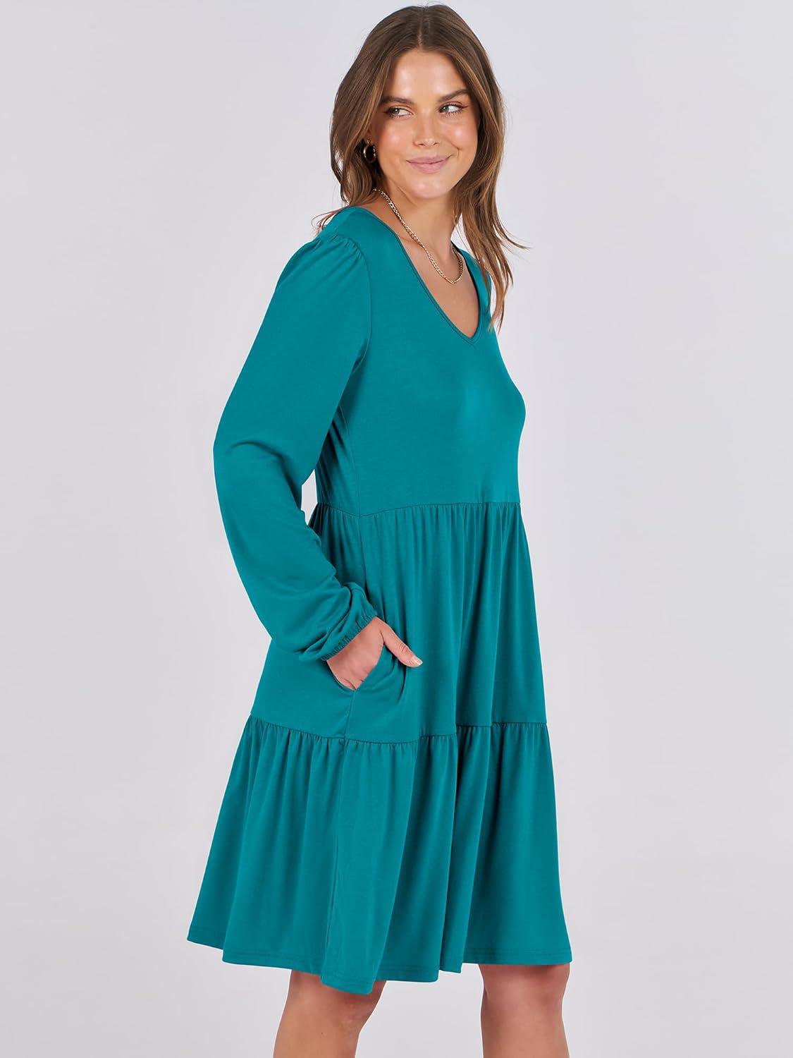 imageANRABESS Womens Long Sleeve Dress 2025 Fall Casual V Neck Tiered Flowy Short Dresses Beach Travel Vacation OutfitsTeal