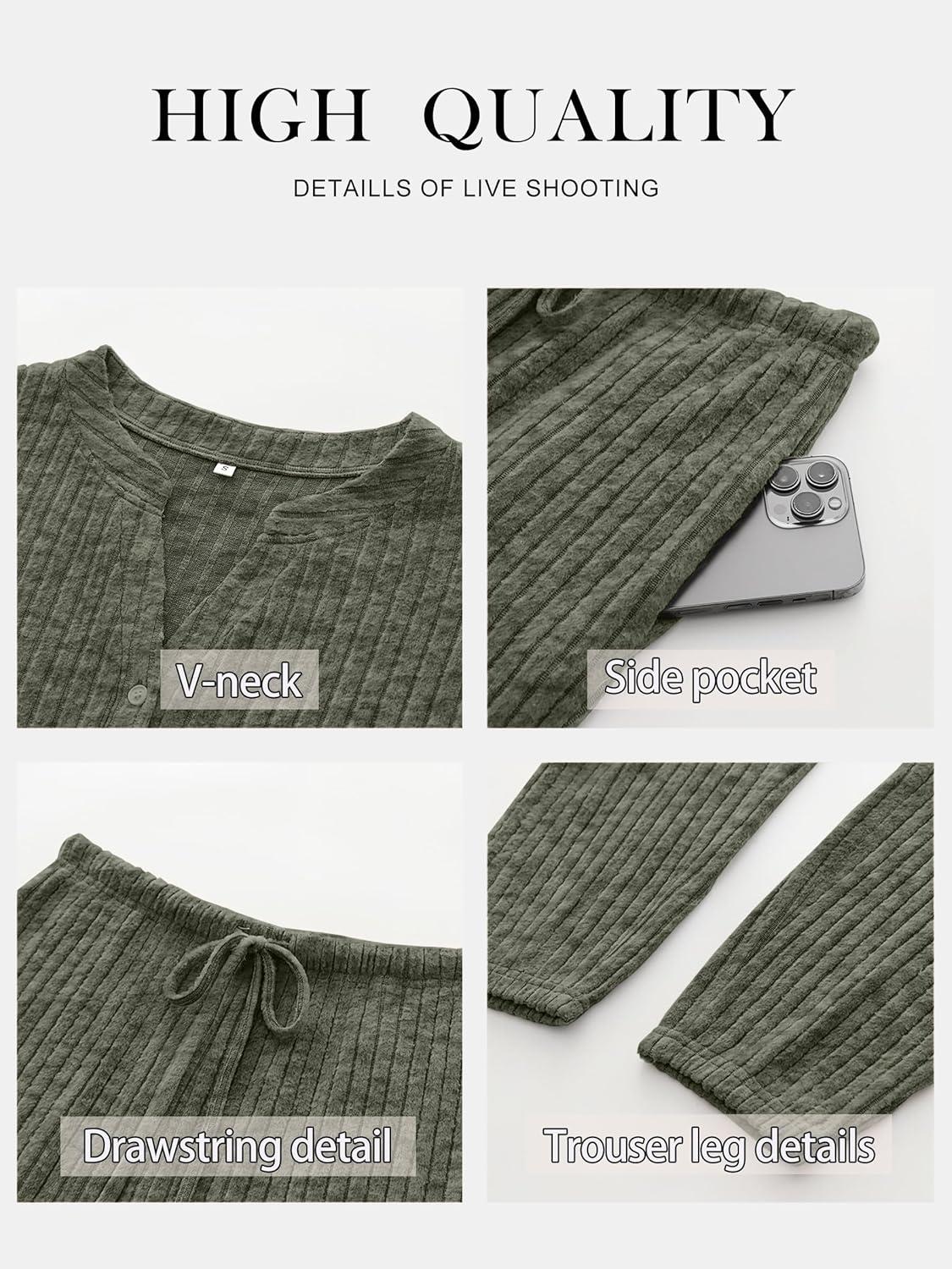 imageANRABESS Womens Lounge Set 2025 Fall 2 Piece Outfit Long Sleeve Pajamas Sets Henley Top ampamp Pants Loungewear ClothingArmy Green