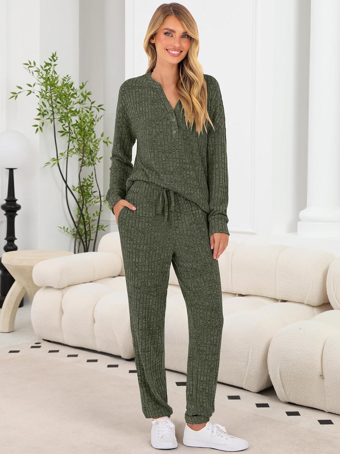 imageANRABESS Womens Lounge Set 2025 Fall 2 Piece Outfit Long Sleeve Pajamas Sets Henley Top ampamp Pants Loungewear ClothingArmy Green