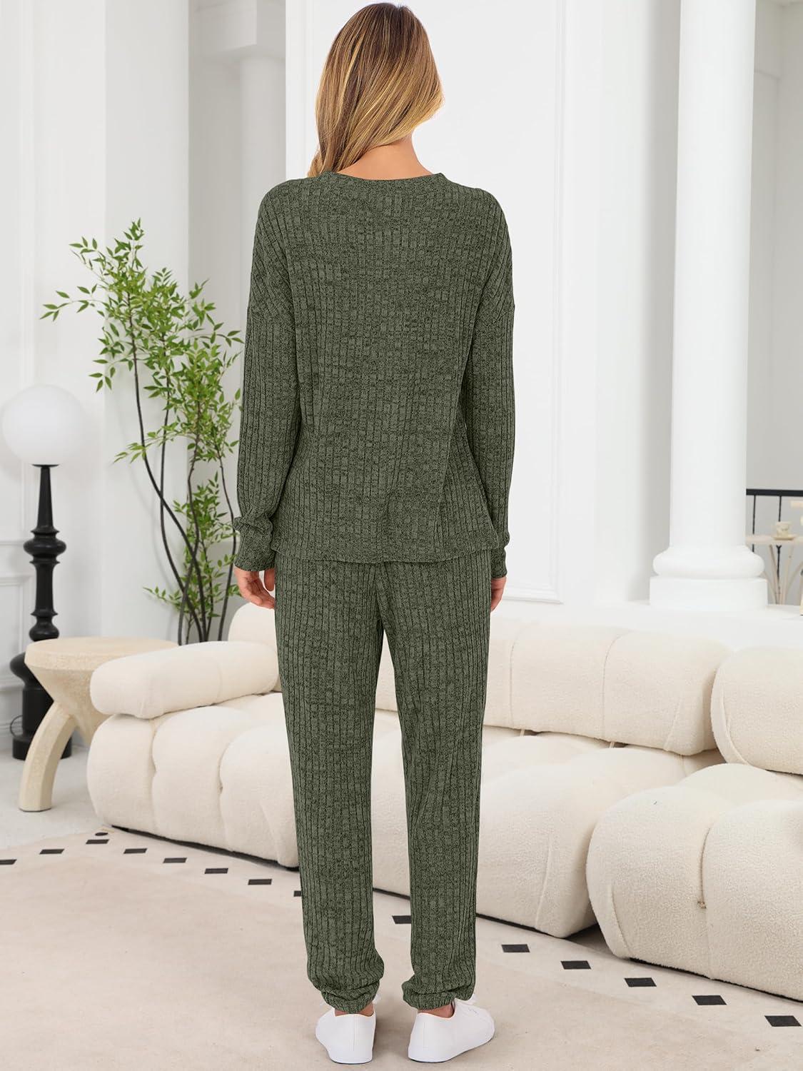 imageANRABESS Womens Lounge Set 2025 Fall 2 Piece Outfit Long Sleeve Pajamas Sets Henley Top ampamp Pants Loungewear ClothingArmy Green