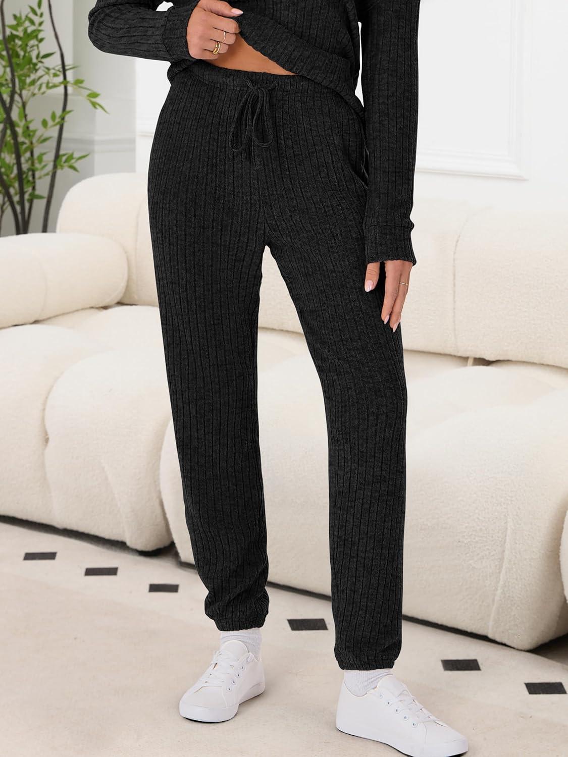 imageANRABESS Womens Lounge Set 2025 Fall 2 Piece Outfit Long Sleeve Pajamas Sets Henley Top ampamp Pants Loungewear ClothingBlack