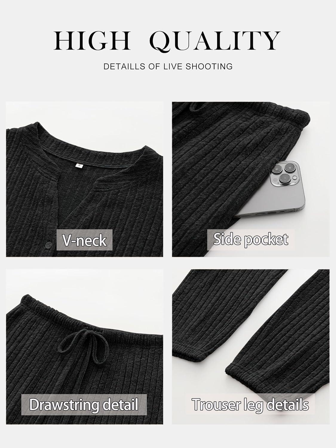 imageANRABESS Womens Lounge Set 2025 Fall 2 Piece Outfit Long Sleeve Pajamas Sets Henley Top ampamp Pants Loungewear ClothingBlack