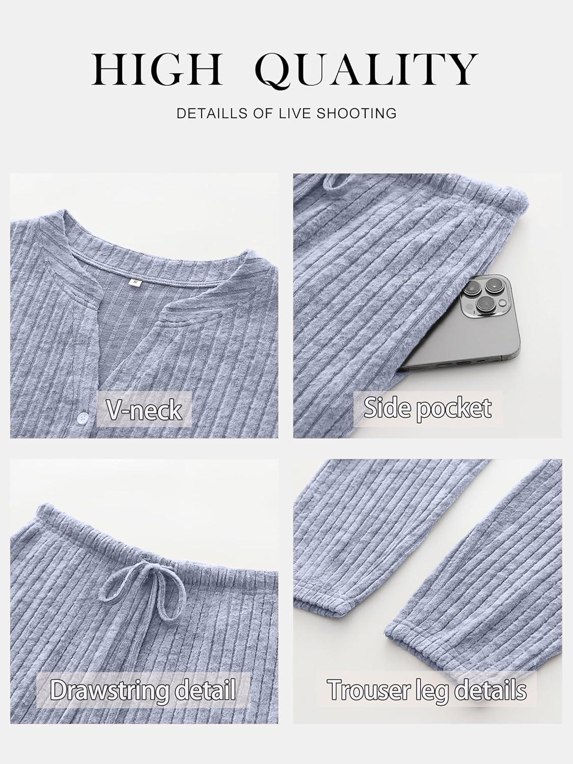 imageANRABESS Womens Lounge Set 2025 Fall 2 Piece Outfit Long Sleeve Pajamas Sets Henley Top ampamp Pants Loungewear ClothingBlue