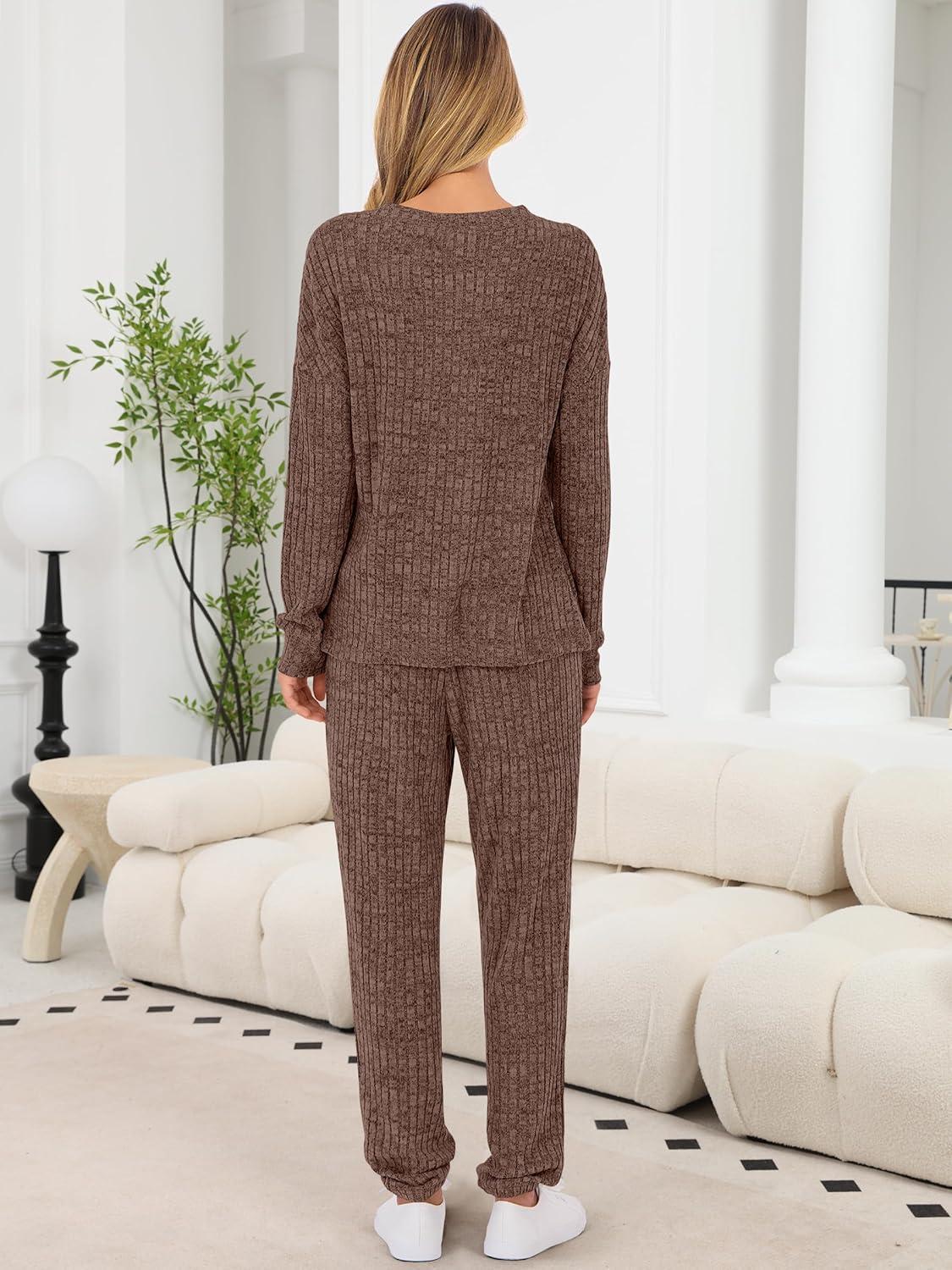 imageANRABESS Womens Lounge Set 2025 Fall 2 Piece Outfit Long Sleeve Pajamas Sets Henley Top ampamp Pants Loungewear ClothingBrown