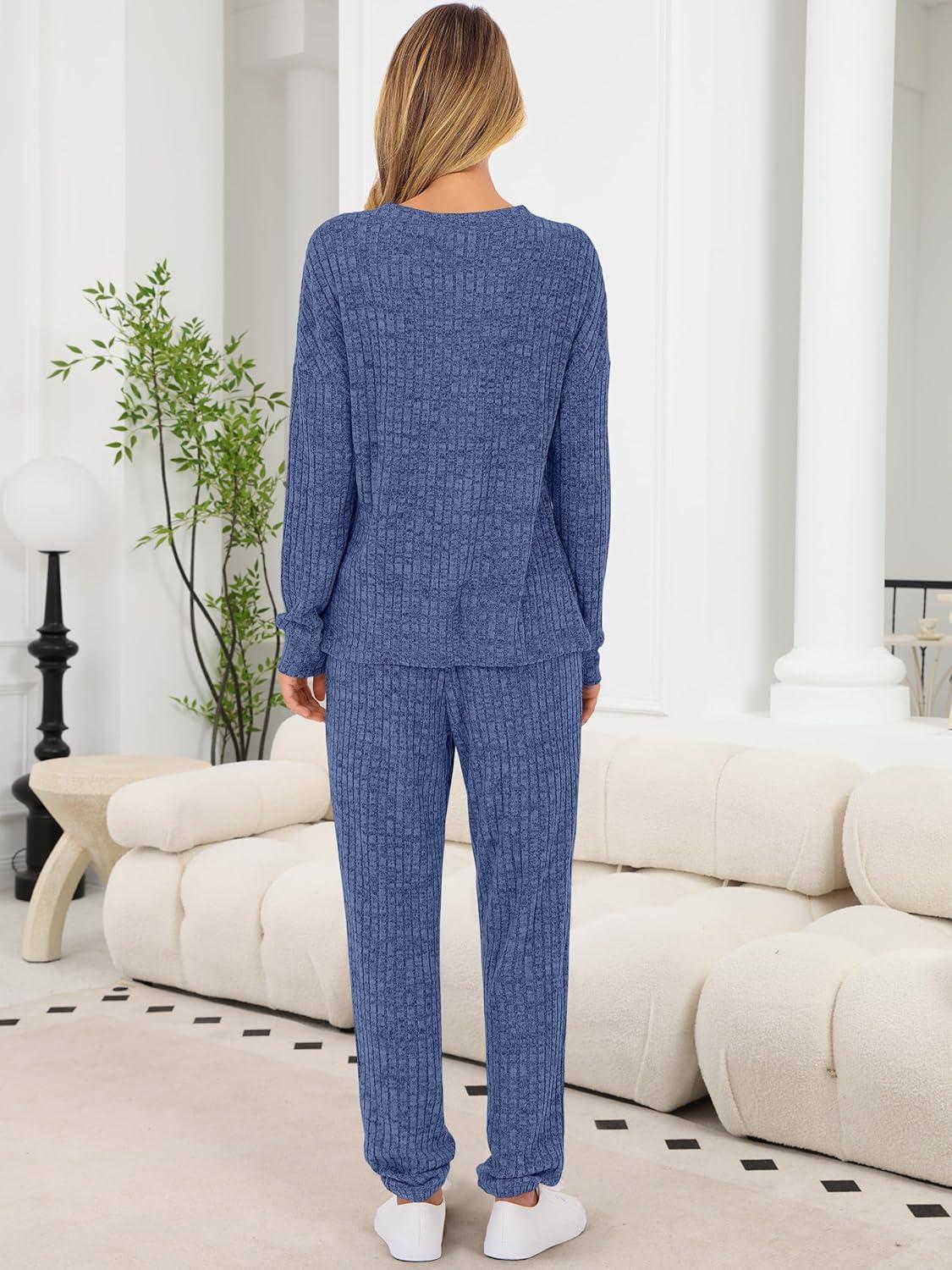 imageANRABESS Womens Lounge Set 2025 Fall 2 Piece Outfit Long Sleeve Pajamas Sets Henley Top ampamp Pants Loungewear ClothingDark Blue