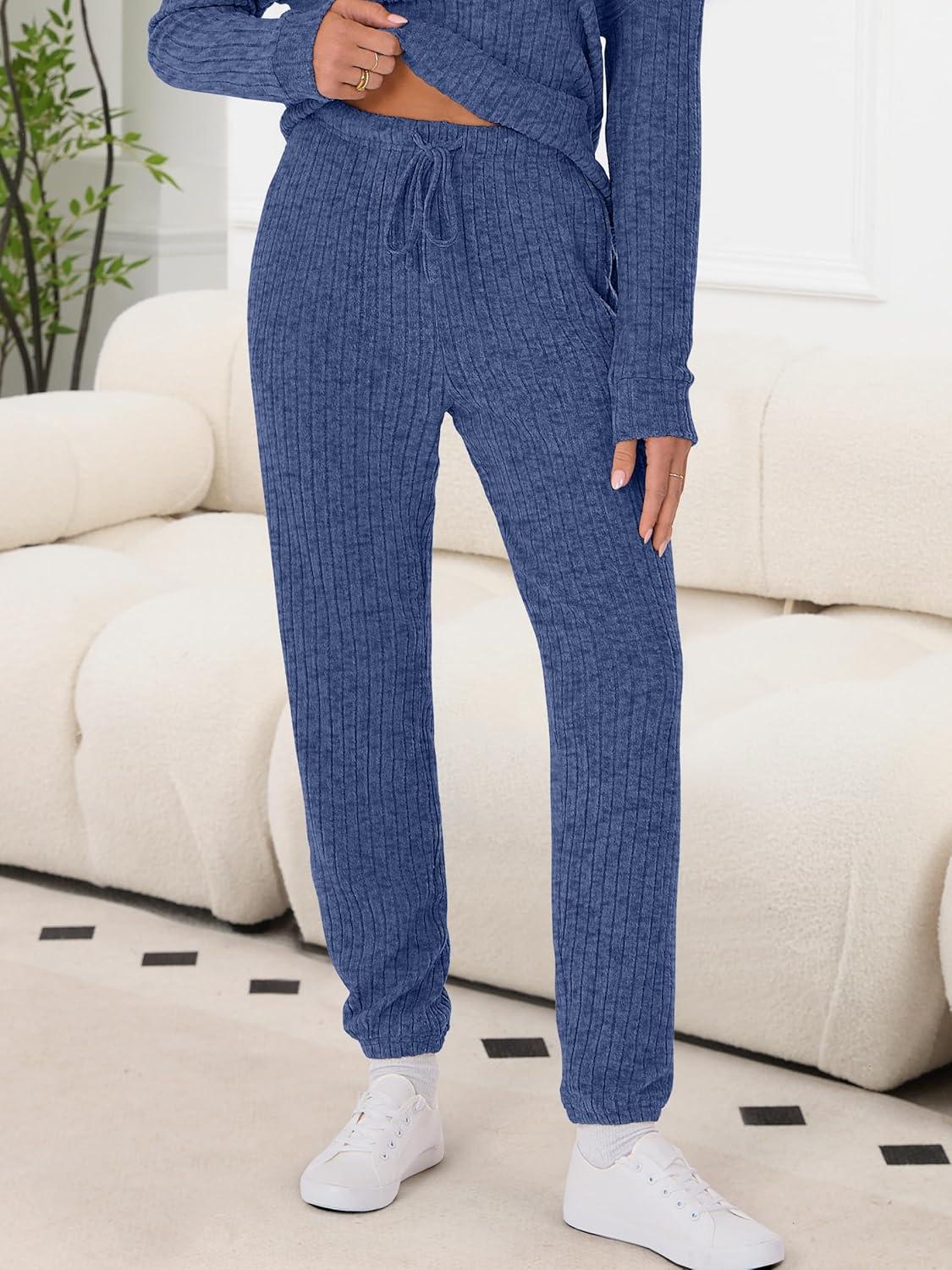 imageANRABESS Womens Lounge Set 2025 Fall 2 Piece Outfit Long Sleeve Pajamas Sets Henley Top ampamp Pants Loungewear ClothingDark Blue