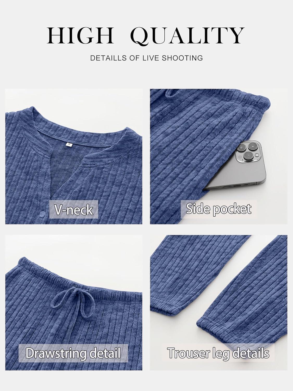 imageANRABESS Womens Lounge Set 2025 Fall 2 Piece Outfit Long Sleeve Pajamas Sets Henley Top ampamp Pants Loungewear ClothingDark Blue