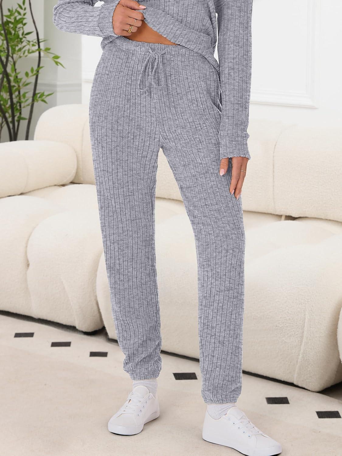 imageANRABESS Womens Lounge Set 2025 Fall 2 Piece Outfit Long Sleeve Pajamas Sets Henley Top ampamp Pants Loungewear ClothingGrey