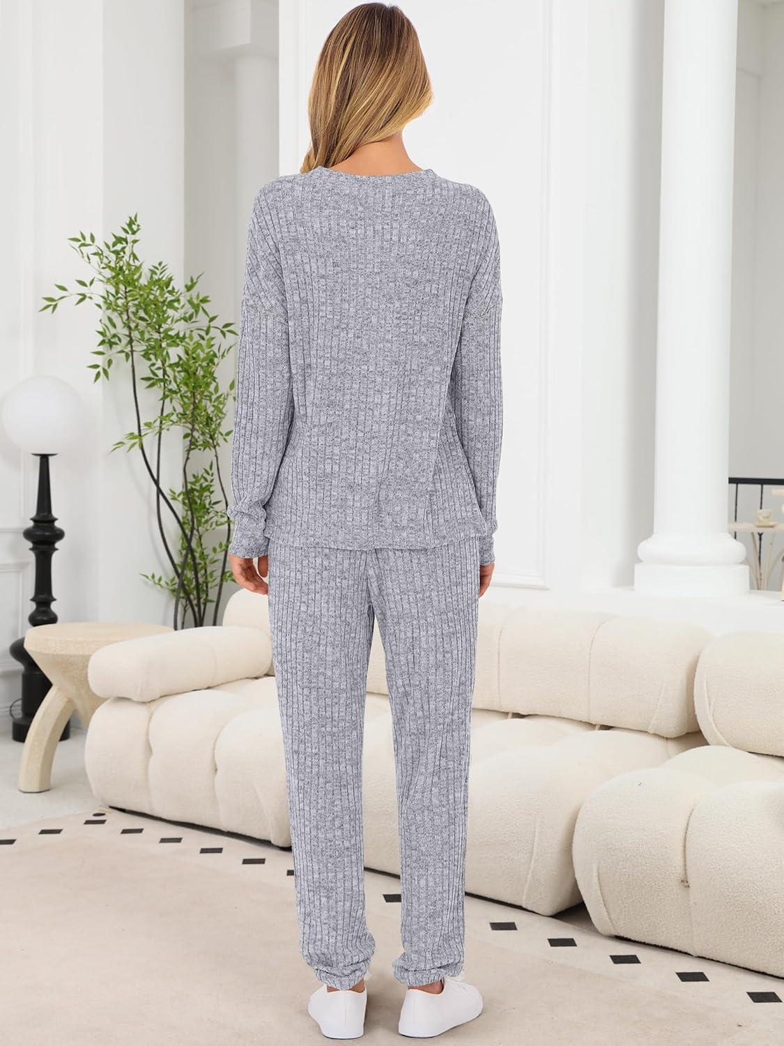 imageANRABESS Womens Lounge Set 2025 Fall 2 Piece Outfit Long Sleeve Pajamas Sets Henley Top ampamp Pants Loungewear ClothingGrey